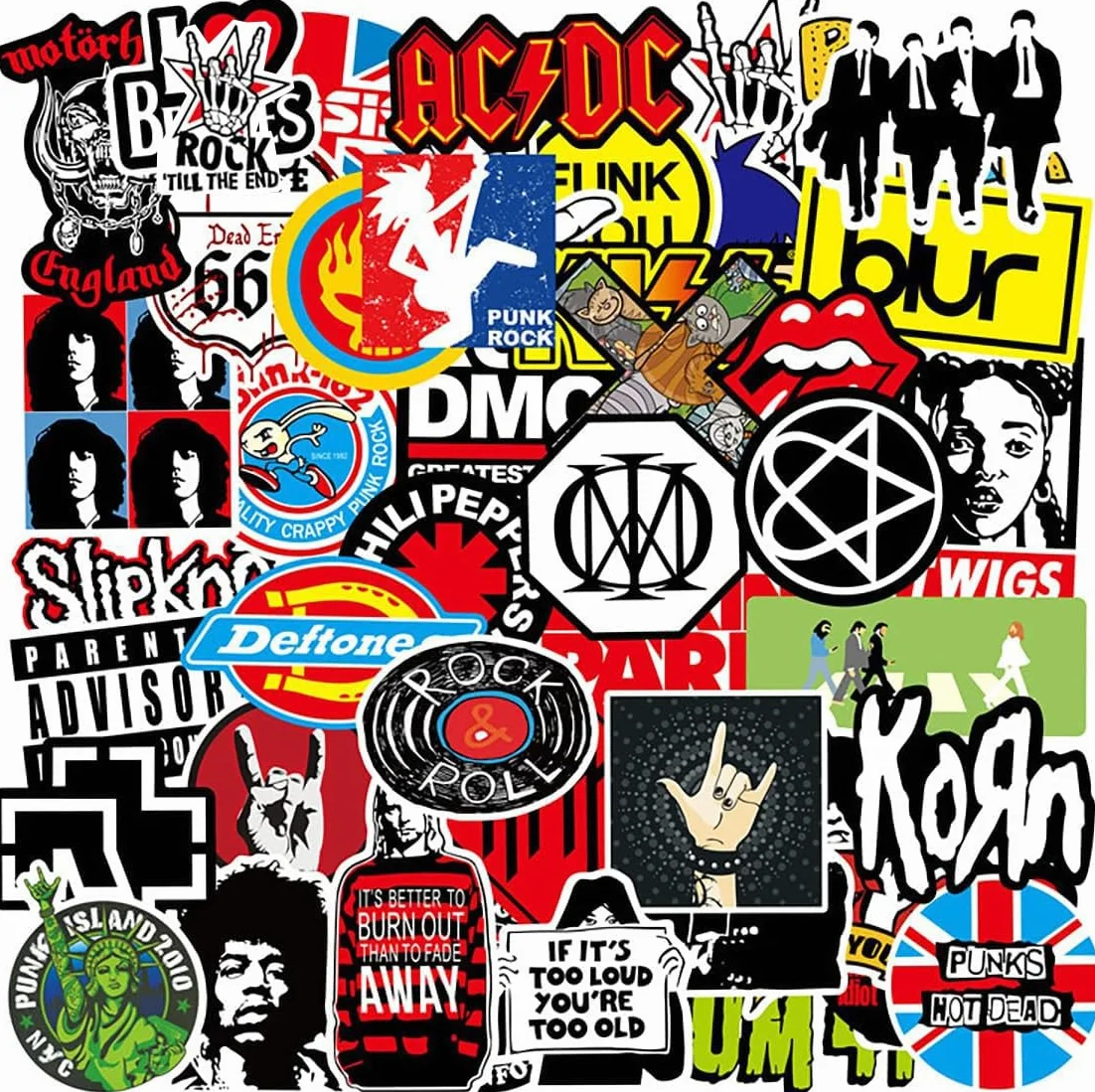 Zestaw naklejek, 100 sztuk, Rock, Punk, zespoły, Heavy Metal, muzyczne, wodoodporne, winylowe, na samochód, motocykl, deskorolkę, skuter, laptop, walizkę, kask
