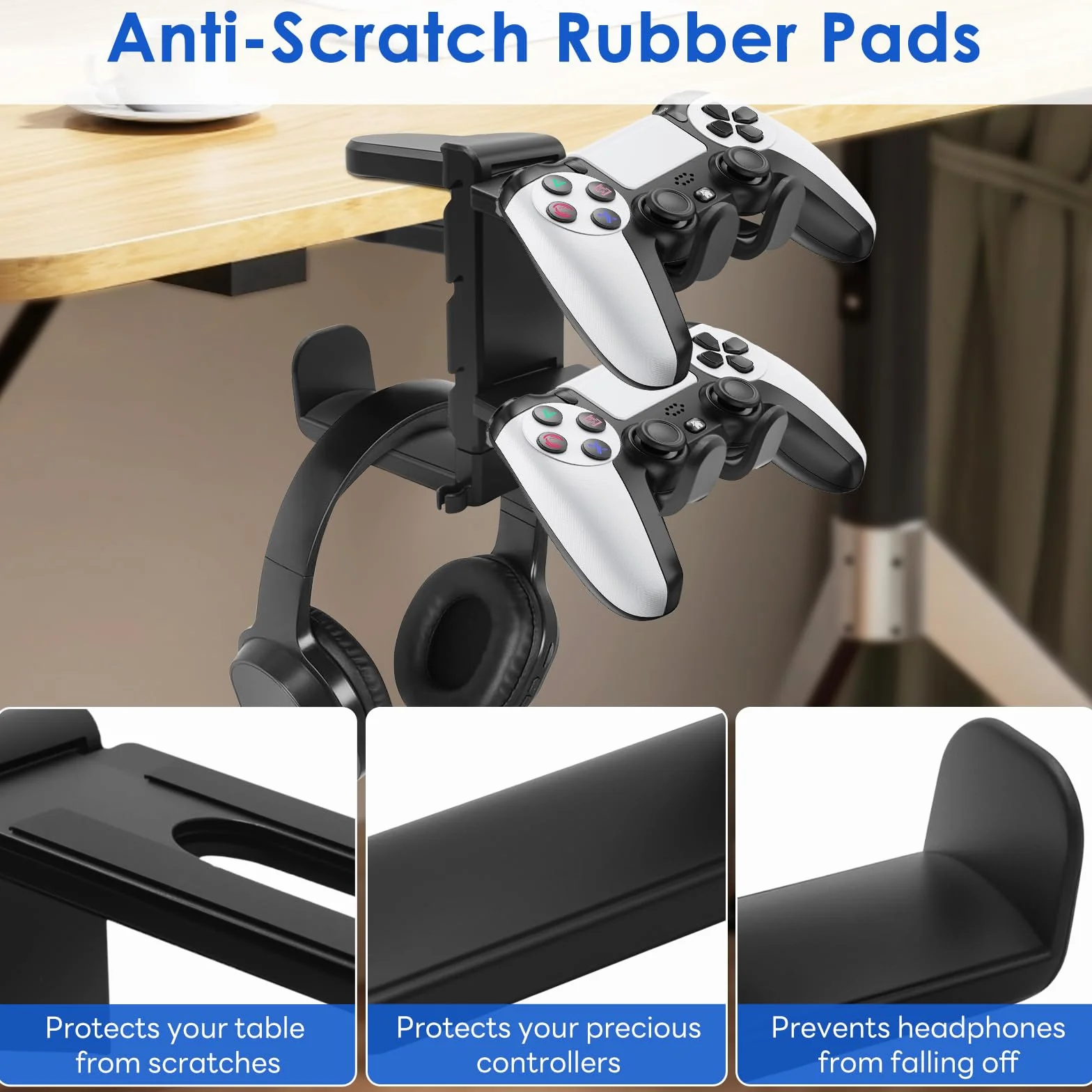 Uchwyt na słuchawki i kontroler 2 w 1 – uchwyt na słuchawki pod stolik z zaciskiem, obracany o 360°, z klipsem na kabel, podwójna półka na PS5 / Xbox / Switch/PC Gaming, antypoślizgowy, czarny