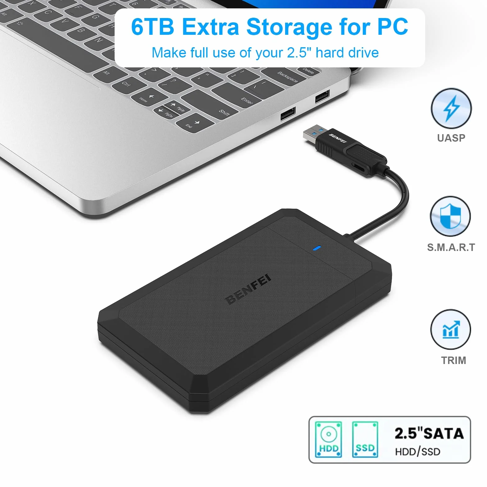 BENFEI 2,5-calowa obudowa SATA na USB Beznarzędziowa obudowa zewnętrznego dysku twardego, kompatybilna z USB C/A na Sata dla 2,5-calowych dysków SSD (zoptymalizowano dyski SSD, obsługuje UASP SATA III