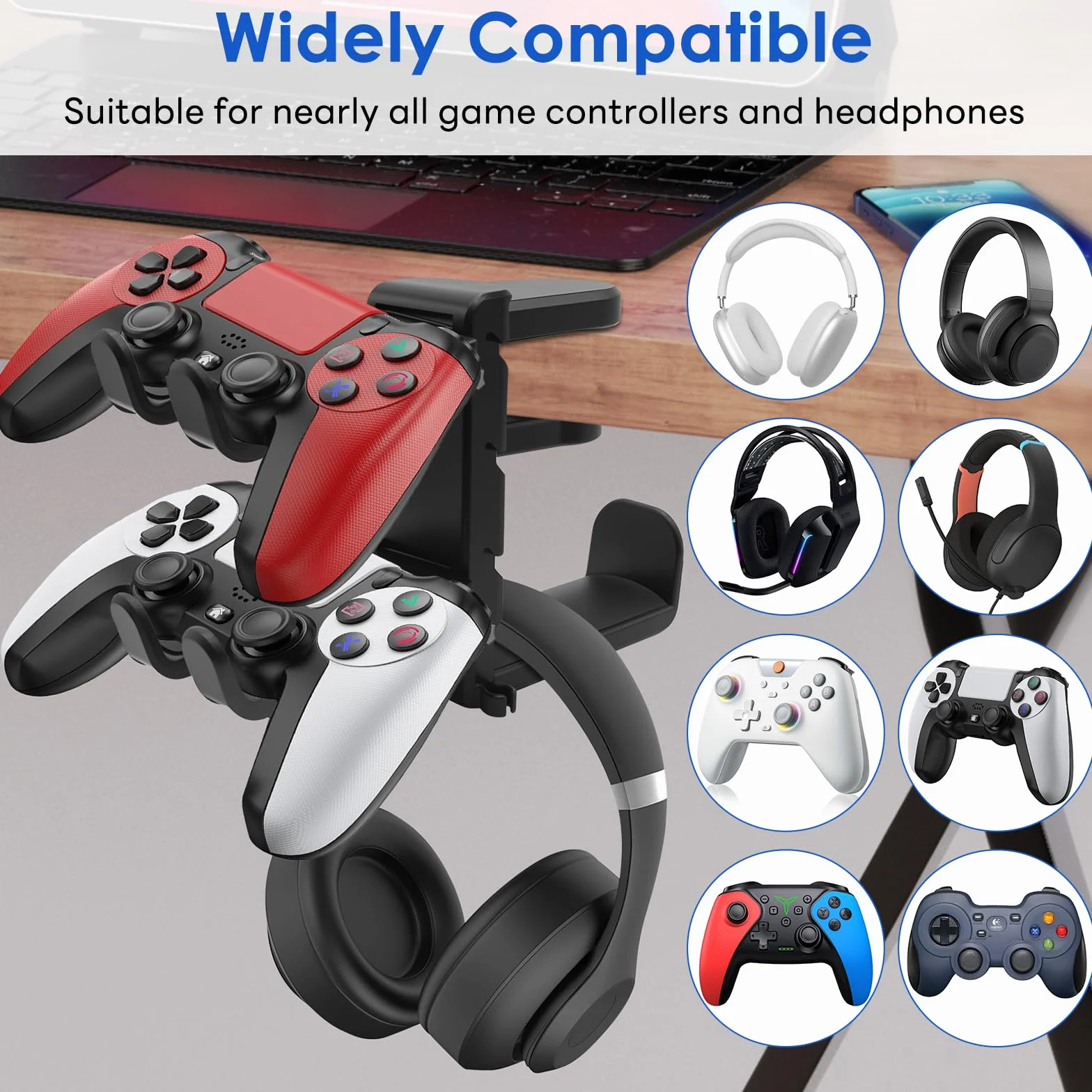 Uchwyt na słuchawki i kontroler 2 w 1 – uchwyt na słuchawki pod stolik z zaciskiem, obracany o 360°, z klipsem na kabel, podwójna półka na PS5 / Xbox / Switch/PC Gaming, antypoślizgowy, czarny