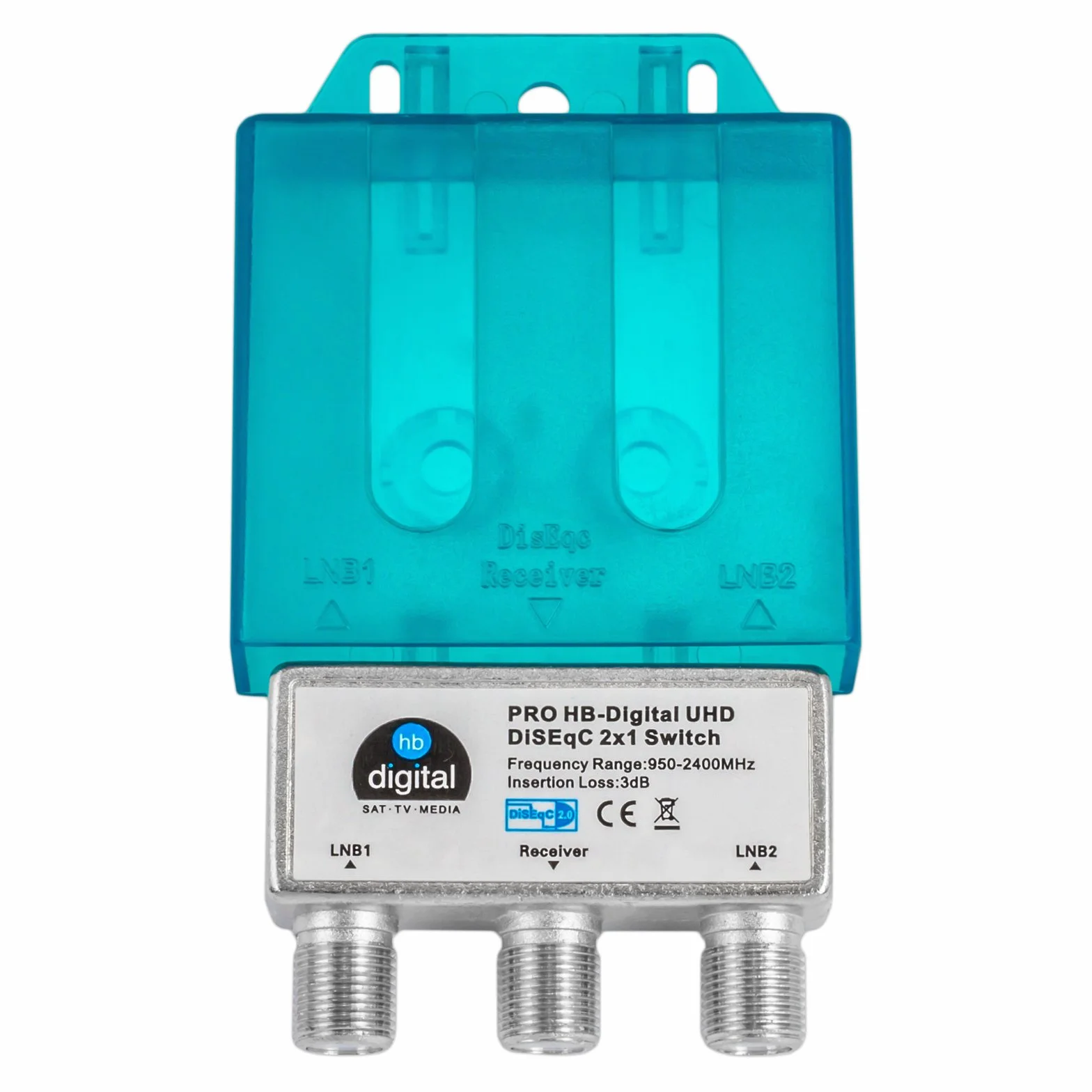 1 x PRO DiseqC przełącznik Switch 2/1 z obudową chroniącą przed warunkami atmosferycznymi HB-DIGITAL 2X SAT LNB 1 x odbiornik/odbiornik do Full HDTV 3D 4K UHD + 3 x pozłacane wtyczki F pozłacane