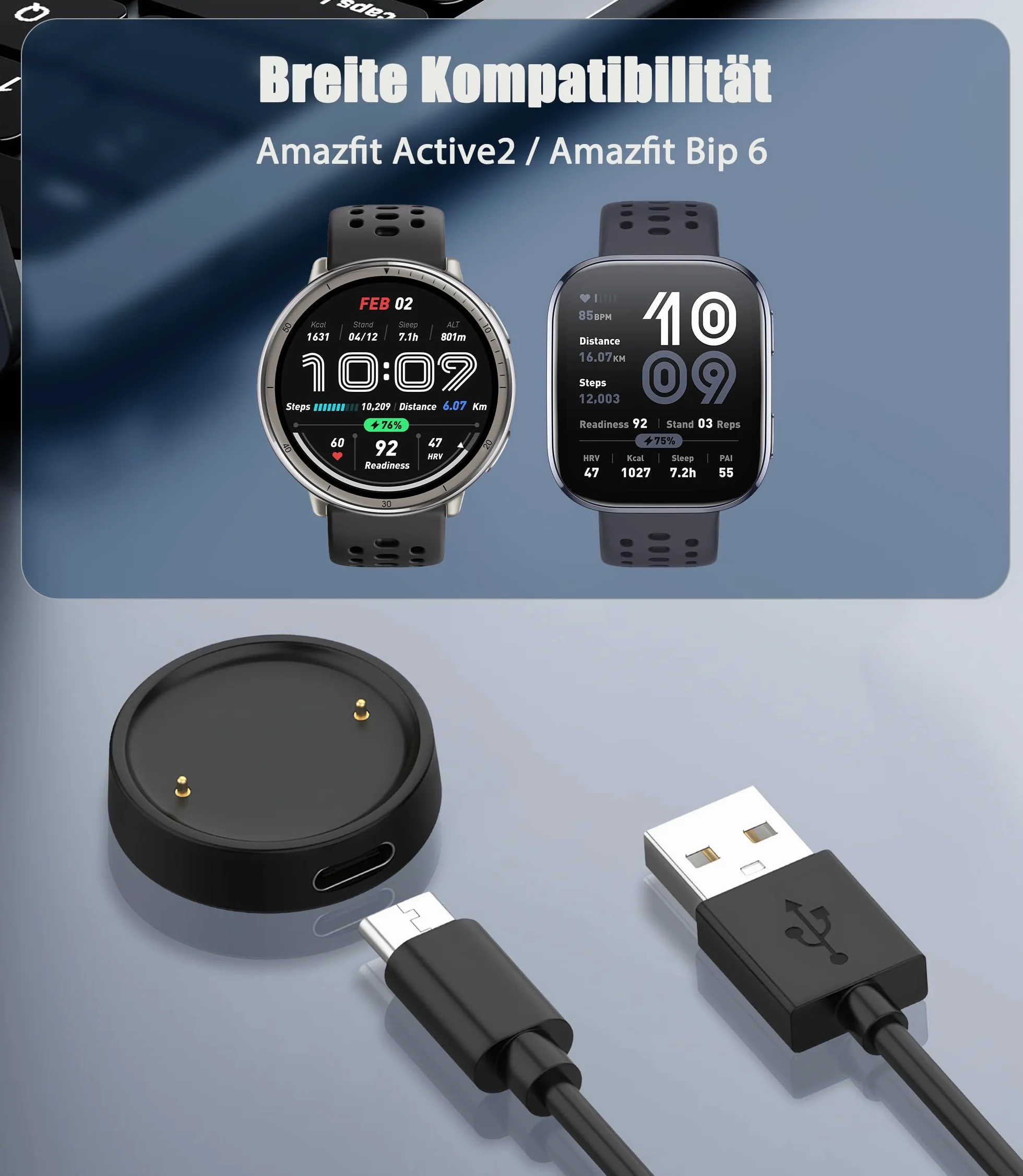 Ładowarka USB C kompatybilna z Amazfit Active 2 / Bip 6 100 cm, czarna