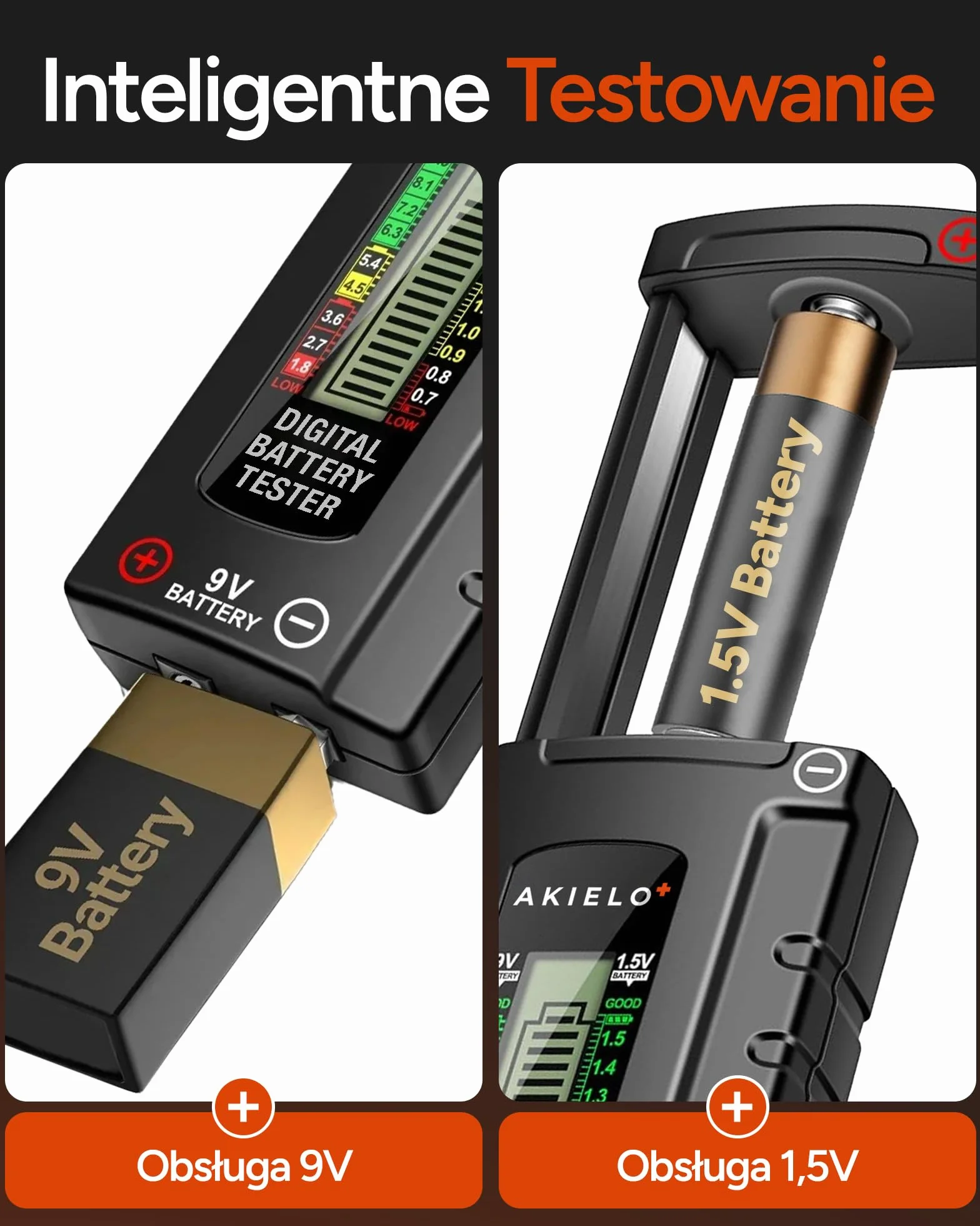 AKIELO+ Cyfrowy Tester Baterii – Łatwy do odczytu wyświetlacz LCD – Nie wymaga baterii – Uniwersalny domowy tester baterii do AA AAA C D 9V 1,5V Bateria guzikowa