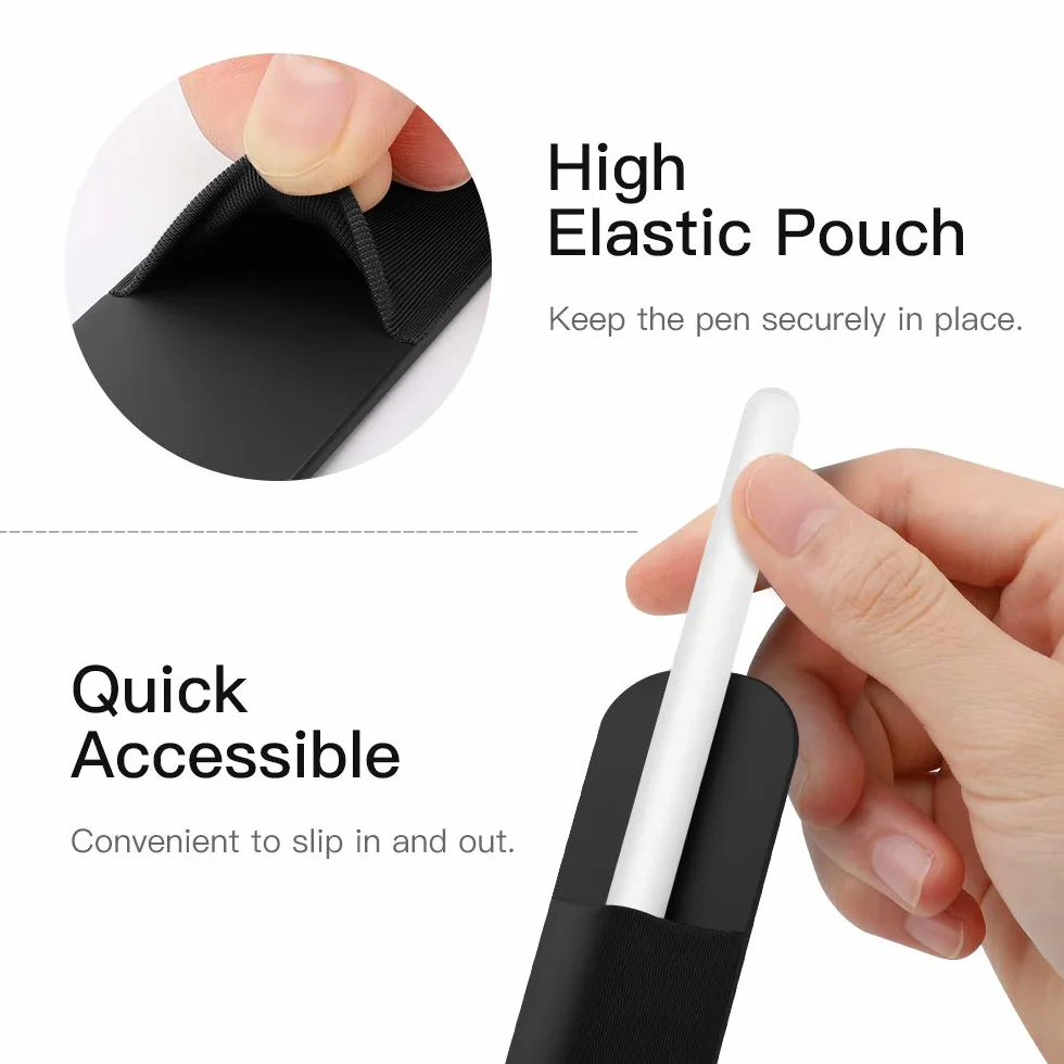 Moko Pencil Holder Sticker Fit Apple Pencil Pro, Apple Pencil (USB-C), Apple Pencil 1st/2nd Generation, Elastic Pencil Pocket Pouch Adhesive Sleeve Attached to iPad Case for Stylus Pens, Black