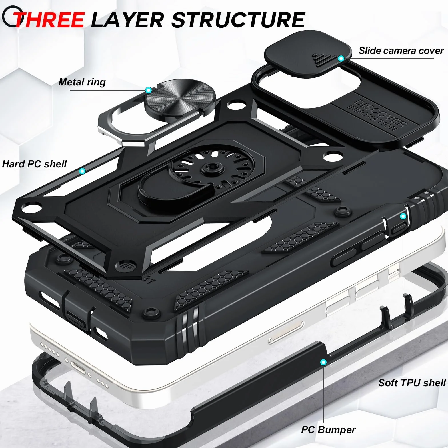 LeYi Etui na iPhone 13 ze szkła hartowanego [2 opakowanie], etui ochronne na aparat [Slidable] Odporny na wstrząsy pierścień wojskowy 360° uchwyt TPU etui na telefon iPhone 13.6.1 '' czarny