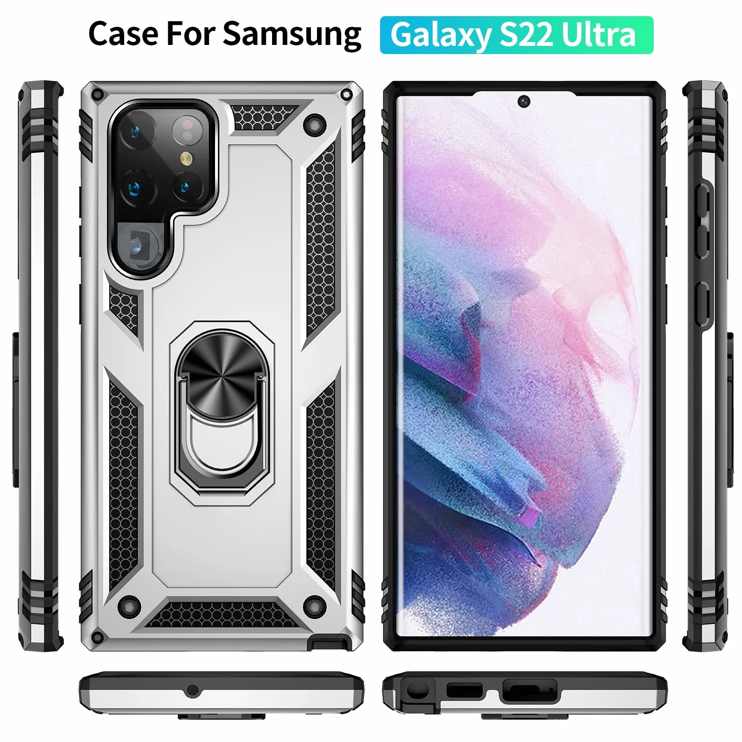 Etui kompatybilne z Samsung Galaxy S22 Ultra, osłona ekranu, dwuwarstwowa, wytrzymała osłona ochronna, odporna na wstrząsy obudowa na telefon, z podpórką, srebrne