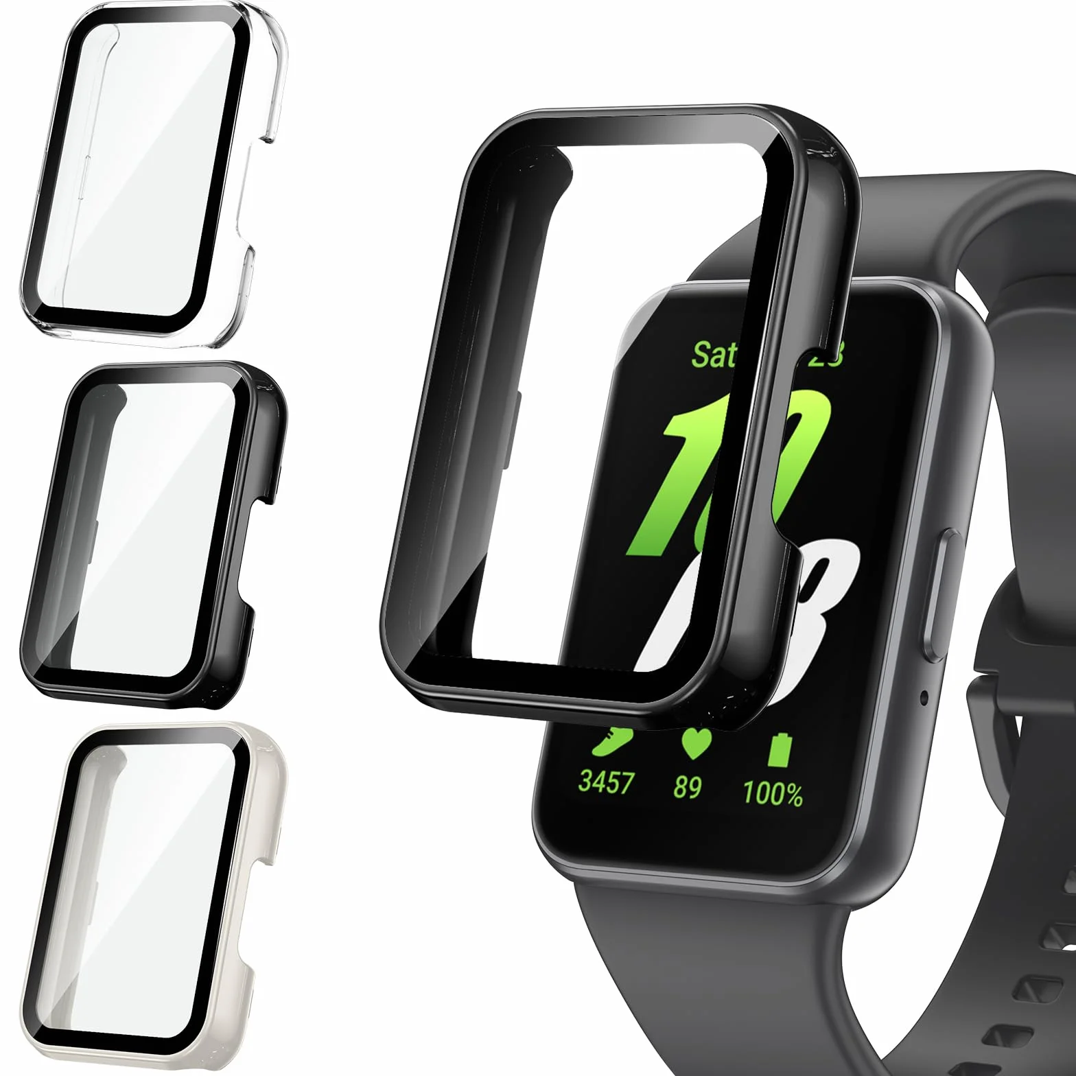 Kamita Etui ochronne na ekran do Samsung Galaxy Watch Fit 3 z folią ze szkła hartowanego, twarde etui z poliwęglanu odporne na zarysowania etui ochronne (przezroczyste + czarne + białe)