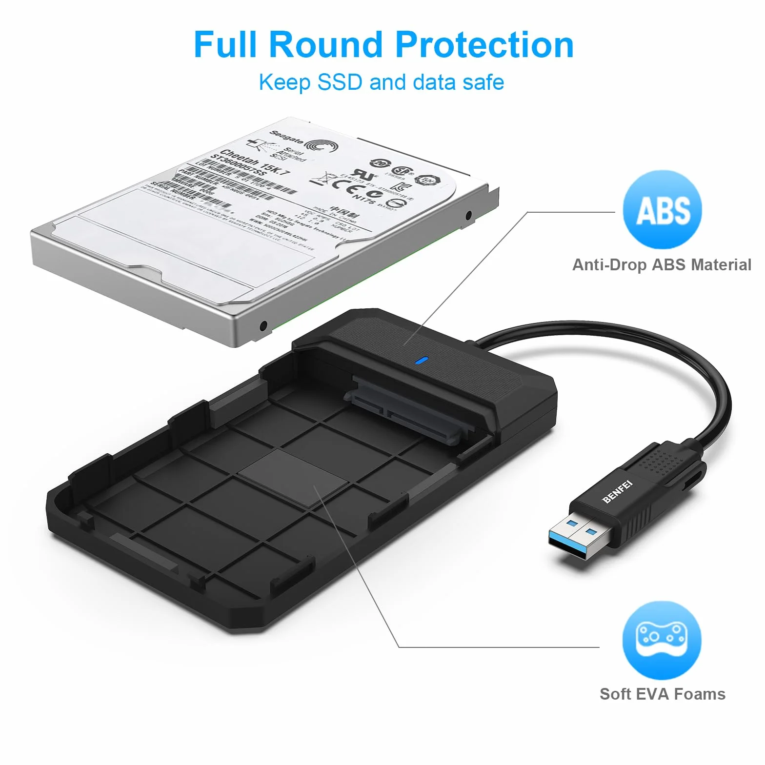 BENFEI 2,5-calowa obudowa SATA na USB Beznarzędziowa obudowa zewnętrznego dysku twardego, kompatybilna z USB C/A na Sata dla 2,5-calowych dysków SSD (zoptymalizowano dyski SSD, obsługuje UASP SATA III