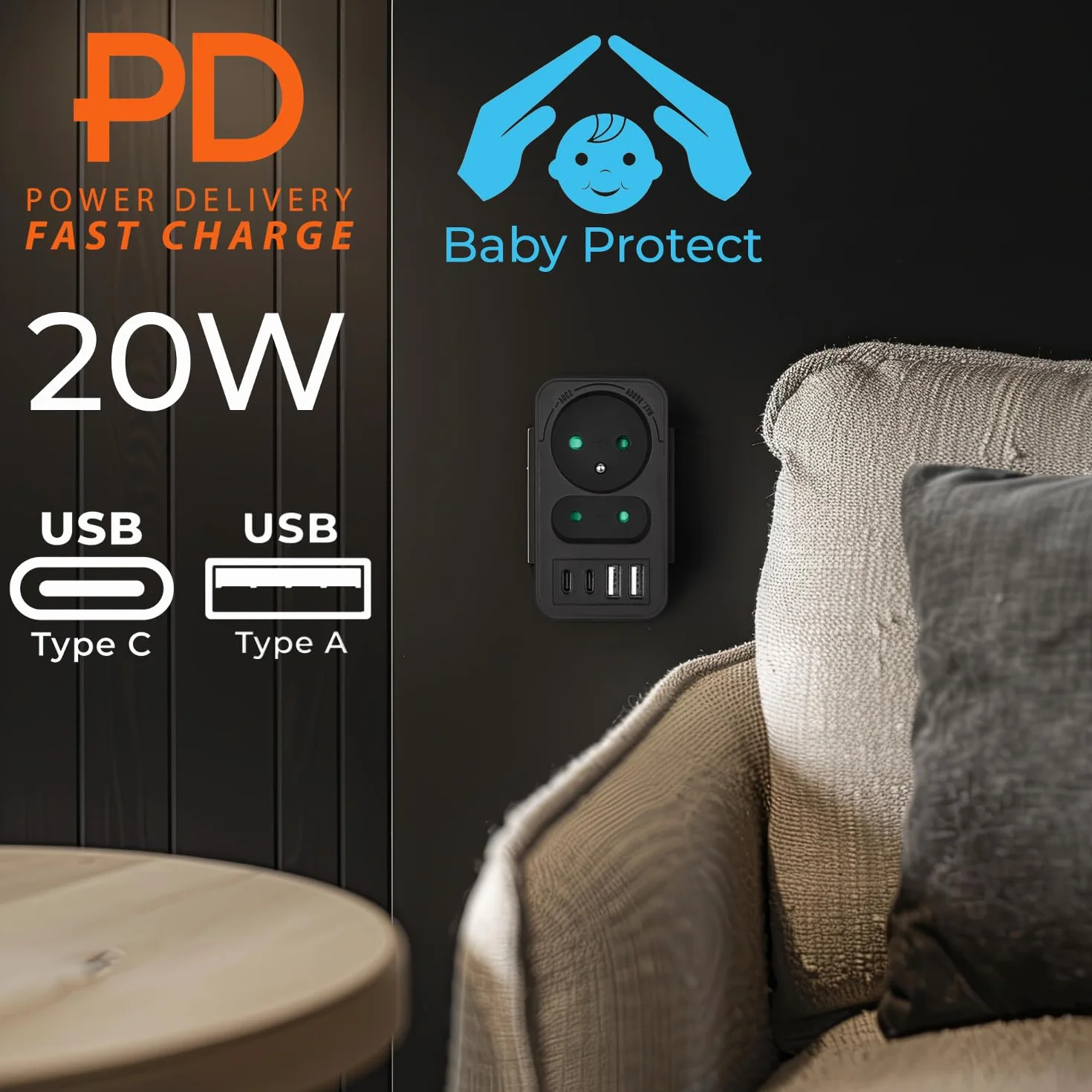 Rozdzielacz Maclean MCE249 2 gniazda sieciowe 2x USB A | szybkie ładowanie 2x USB C PD 20 W | maks. 3680 W | kompaktowe centrum zasilania (1, Czarny)
