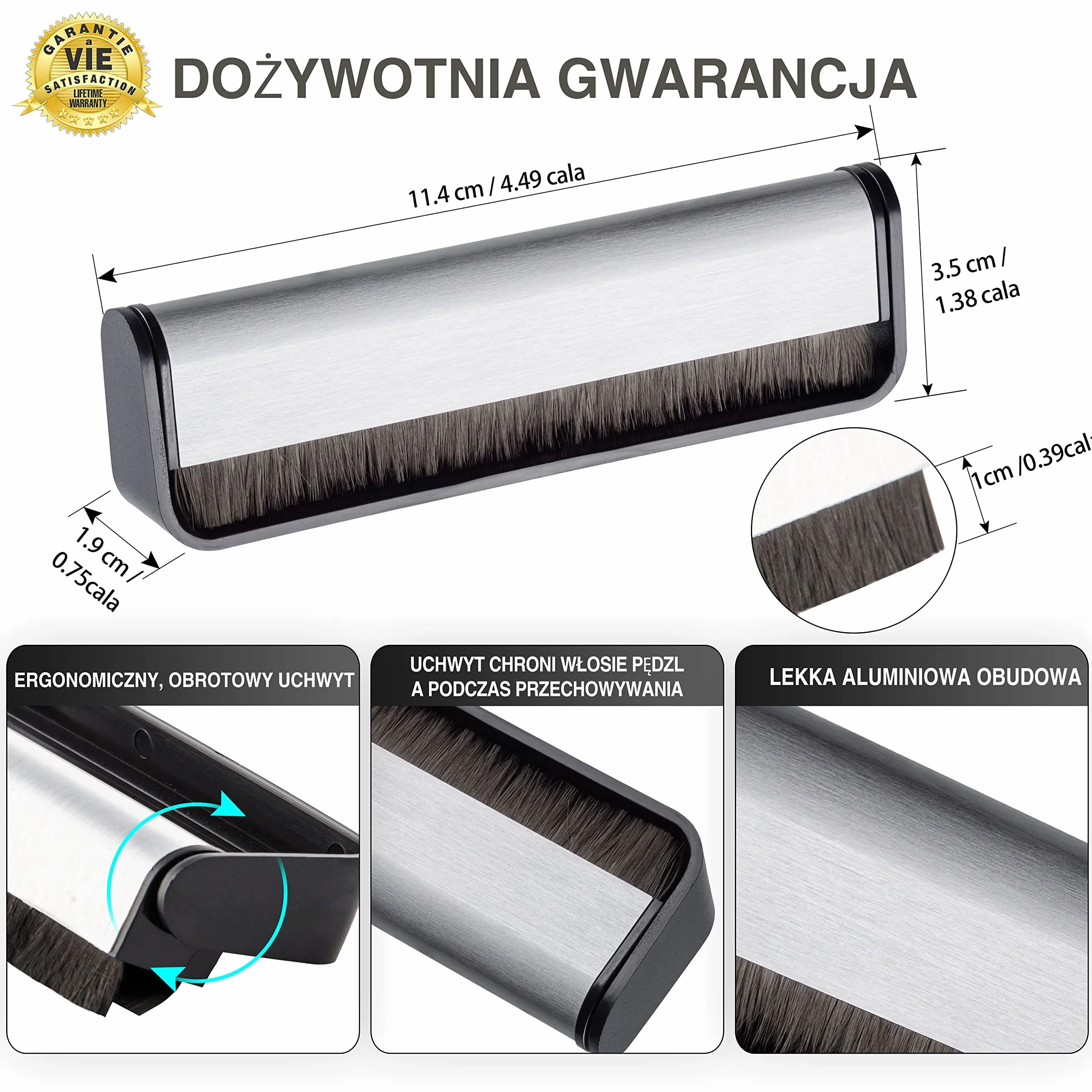 Szczotka do Czyszczenia Płyt Winylowych - ✮DOŻYWOTNIA GWARANCJA✮ - Szczoteczka Czyszcząca Płyty Winylowe Miękkim Włosiem Węglowym - Akcesoria Kolekcjonerskie - Lekka, Wymiary 21x9x2.5cm