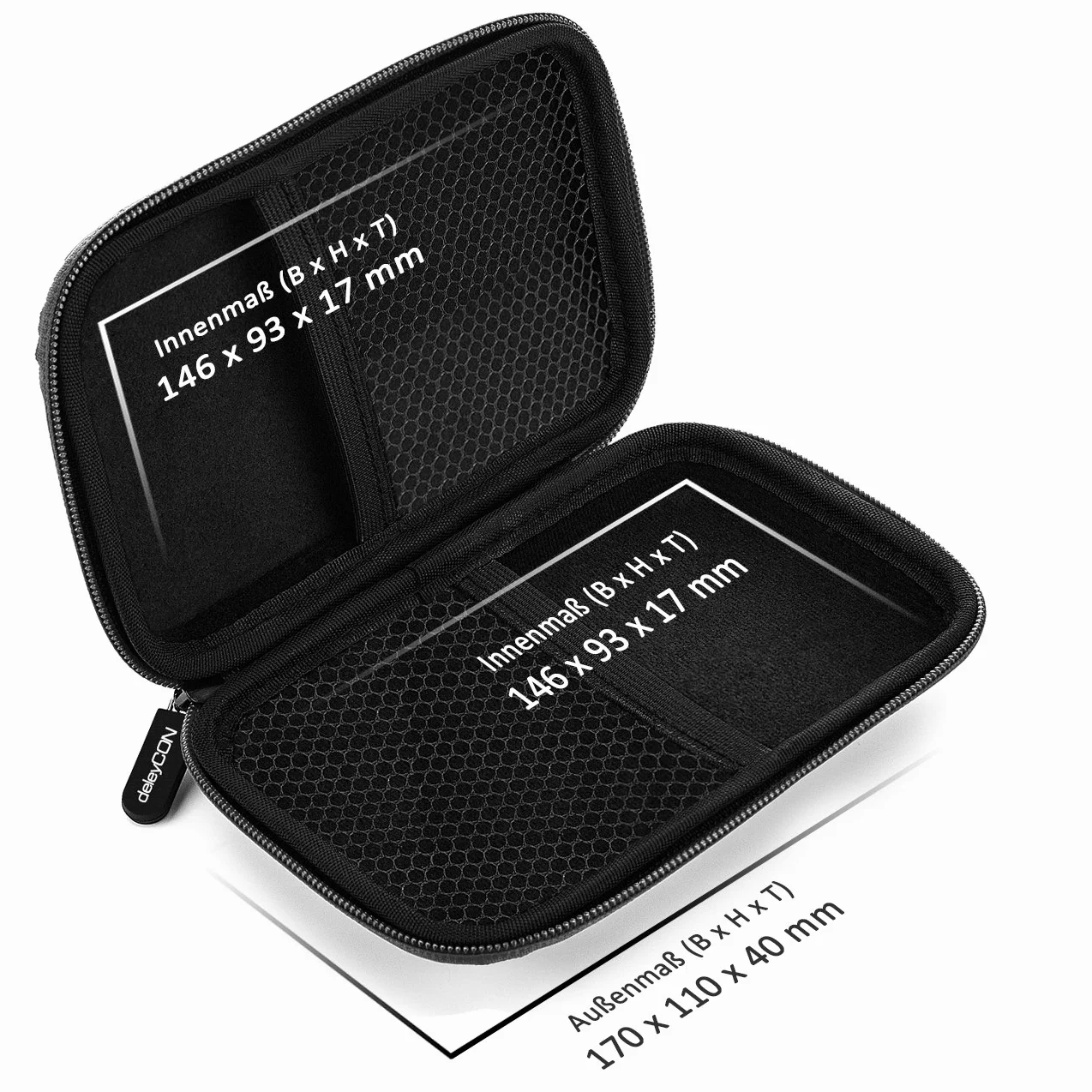 deleyCON Etui na Dysk Twardy - na 2,5-Calowe Dyski Twarde i Dyski SSD - Solidne i Odporne na Wstrząsy - 2 Wewnętrzne Przegródki Kieszenie z Siatki - Czarny