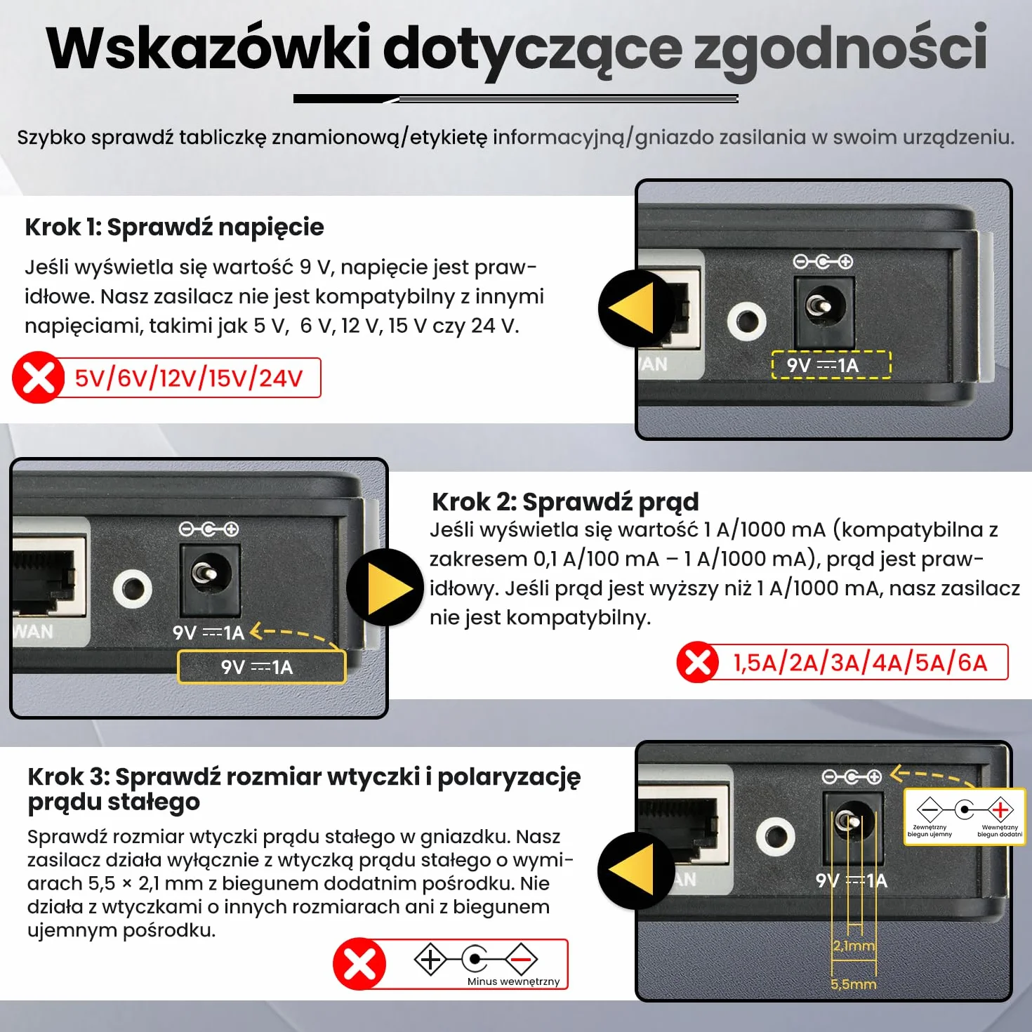 Zasilacz 9 V 1 A 9 W 1,8 m, adapter przełącznika AC DC (wejście 100-240 V, wyjście 9 V 1A), Gniazdo transformatora do montażu na ścianie DC 5,5 x 2,1 mm, znak CE
