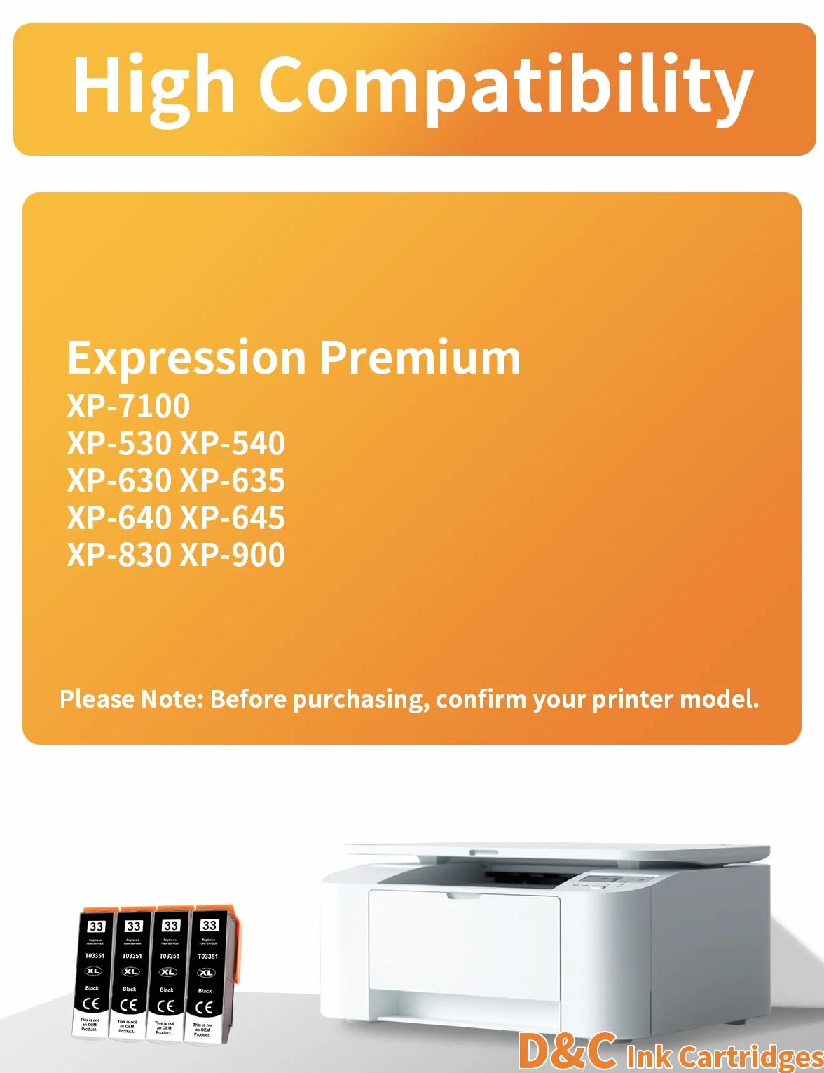 D&C 33XL wkłady do drukarek, kompatybilne z Epson 33XL, czarne wkłady do drukarek Expression Premium XP-7100 XP-830 XP-530 XP-540 XP-630 XP-645 XP-640 XP-900 XP-635 (4 czarne)