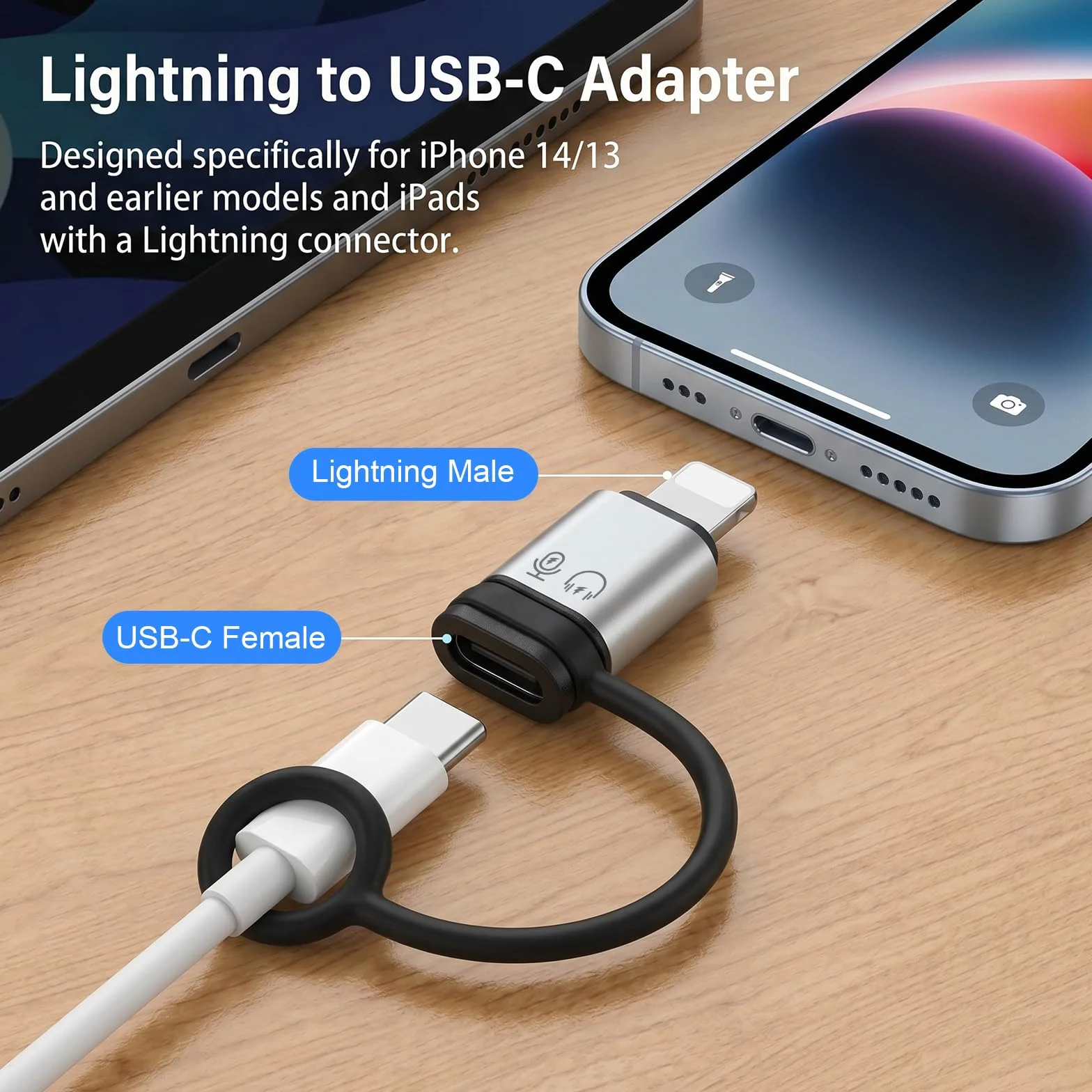 2-pak Lightning OTG adapter srebrny, Lightning na USB A/C żeński konwerter, kompatybilny z iPhone/iPad, obsługuje pamięć flash USB, klawiaturę, mysz, ładowanie i słuchawki, przenośny Plug and