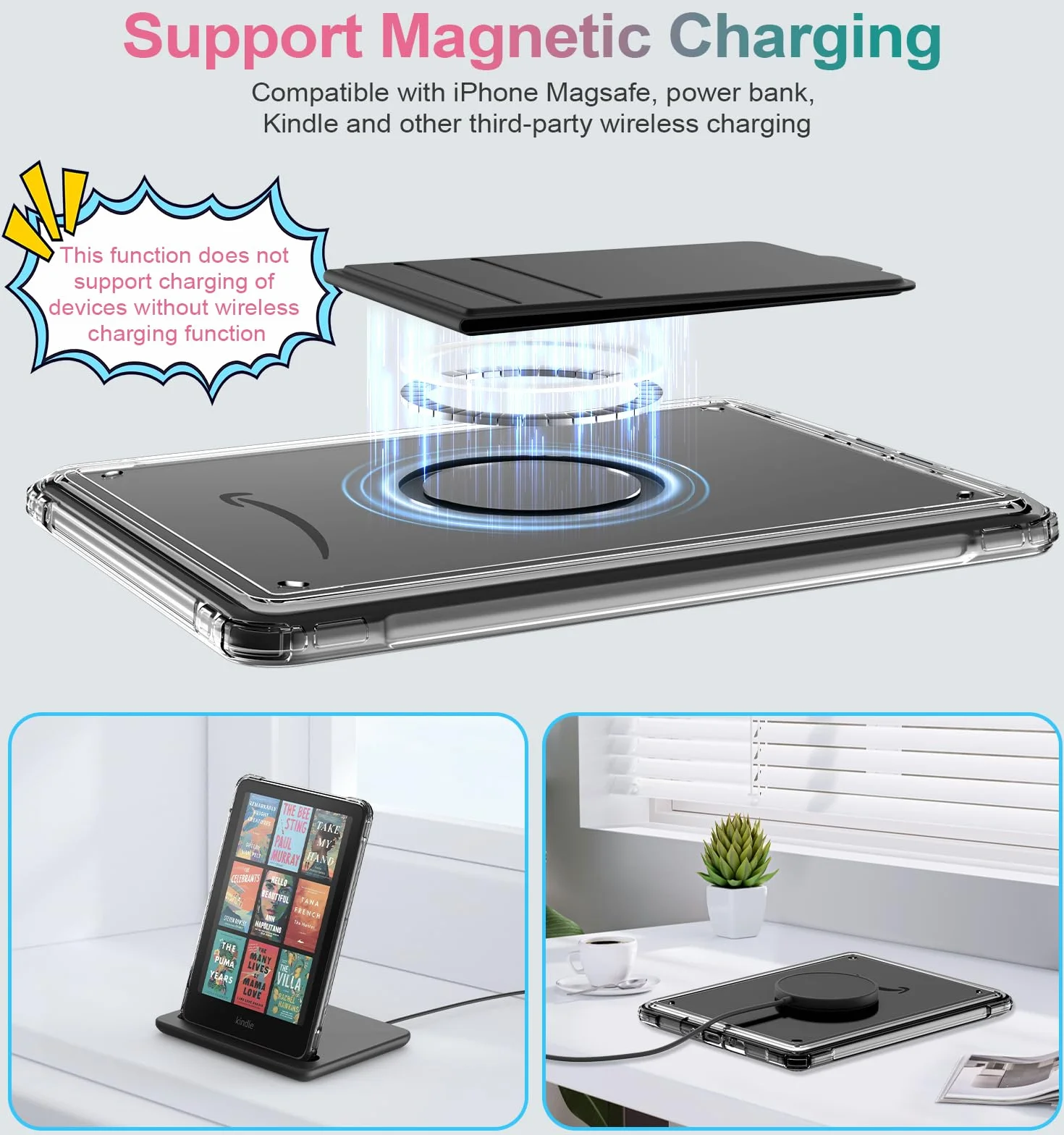 MoKo Magnetic Case for 7" Kindle Paperwhite 12th Gen 2024 & Kindle Colorsoft Signature Edition, Stand Cover Ultra Thin DIY Clear Case with Wireless Charging Fully Covered Shell, Black