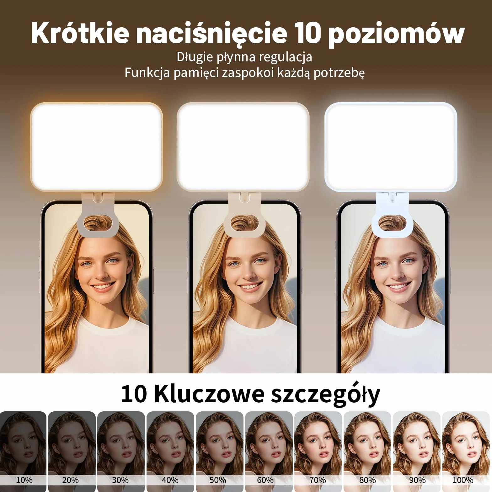 OUSFOT Lumiere Telefon z 3 trybami oświetlenia, 3000-6500K, 10 poziomów jasności do telefonu z baterią 2000 mAh z klipsem, do telefonu, aparatu, komputera