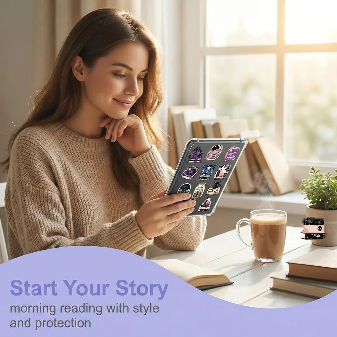 Przezroczyste etui Kindle 6 cali, dla 11. generacji 2024/2022 (RS23CV/C2V2L3), silikonowe etui odporne na zarysowania, 50 darmowych naklejek do czytania w stylu retro