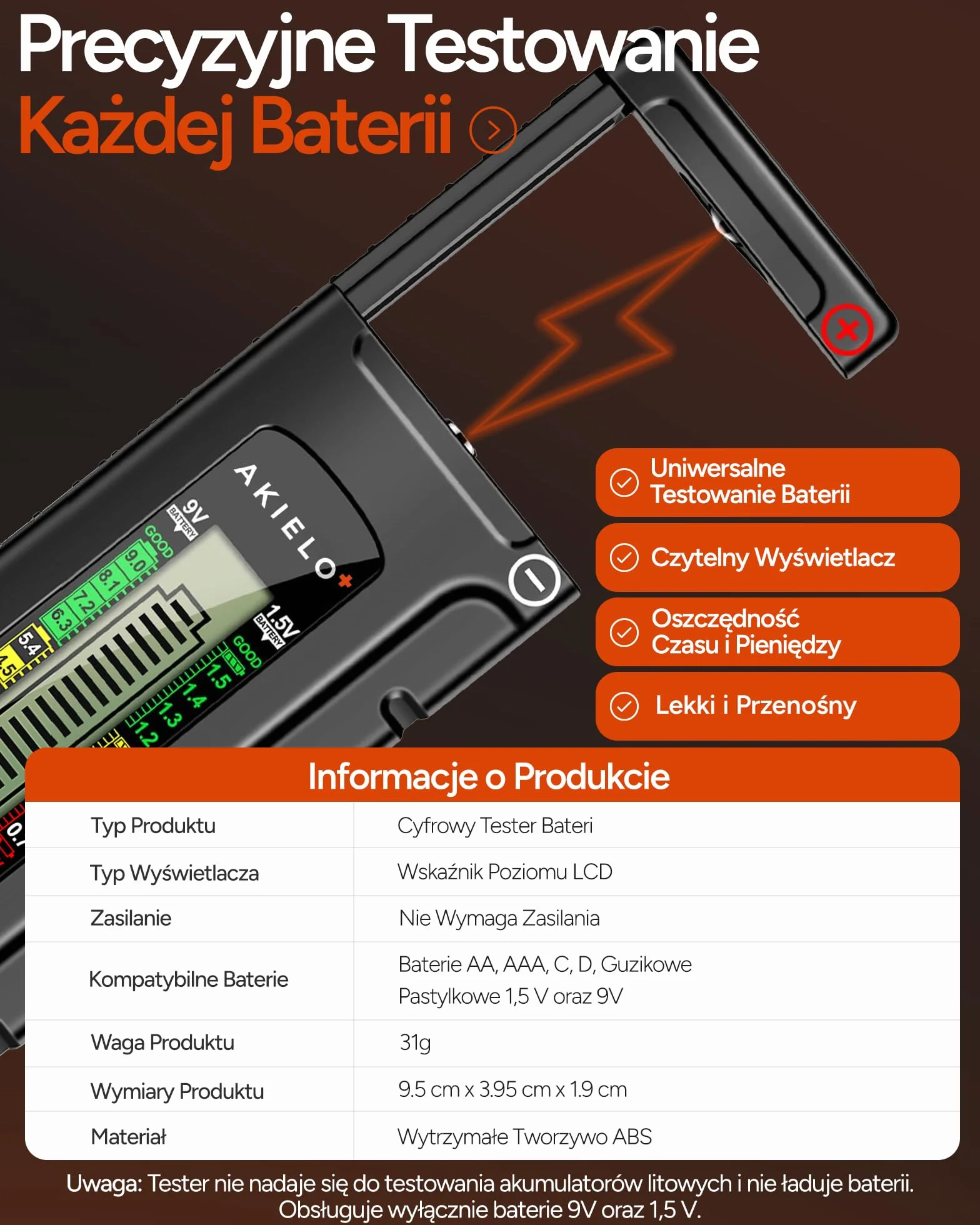 AKIELO+ Cyfrowy Tester Baterii – Łatwy do odczytu wyświetlacz LCD – Nie wymaga baterii – Uniwersalny domowy tester baterii do AA AAA C D 9V 1,5V Bateria guzikowa
