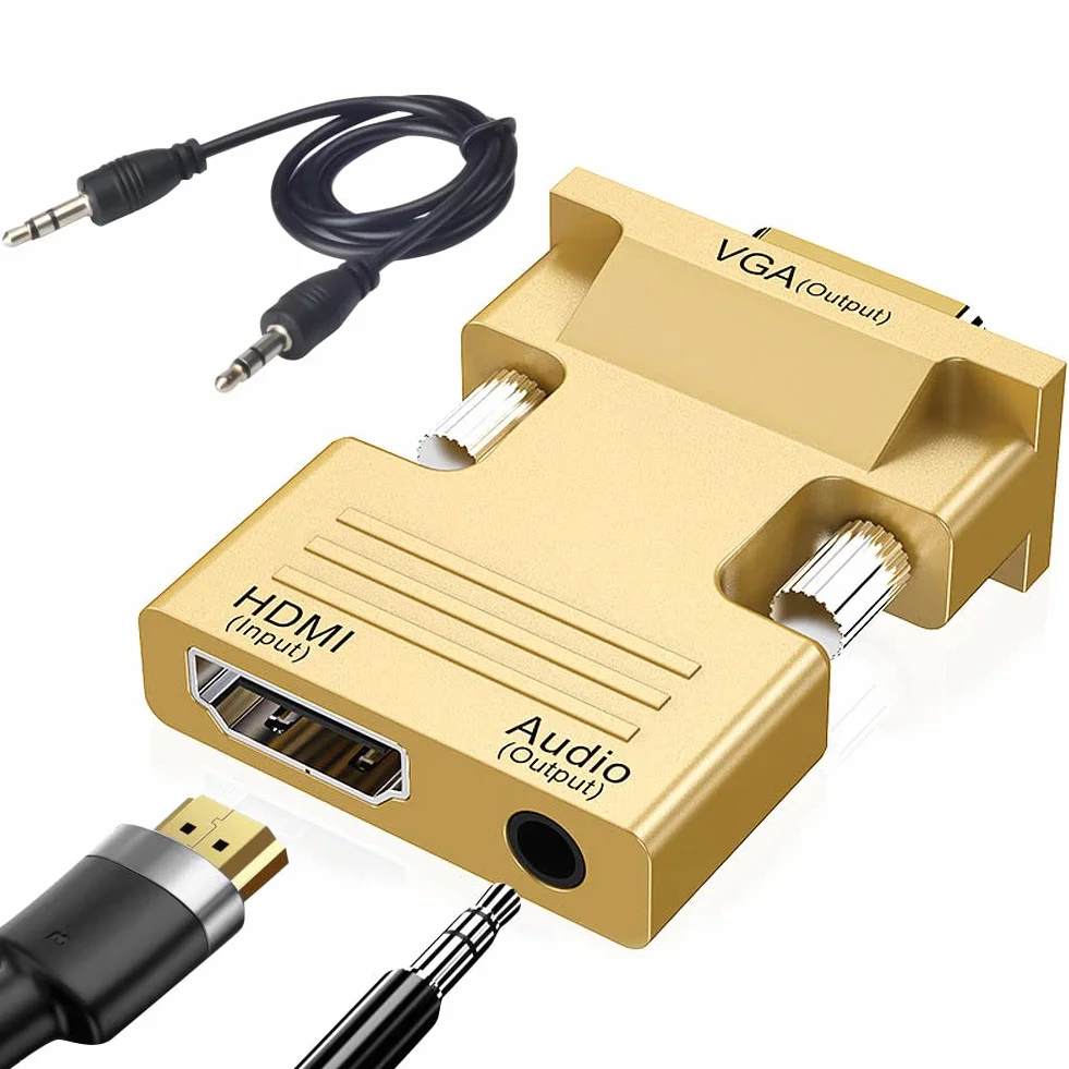 HDMI na VGA, 1080P HDMI żeński na VGA męski konwerter kabla audio wideo z kablem audio 3,5 mm do komputera, stacjonarnego, monitora HDTV itp. (złoty)