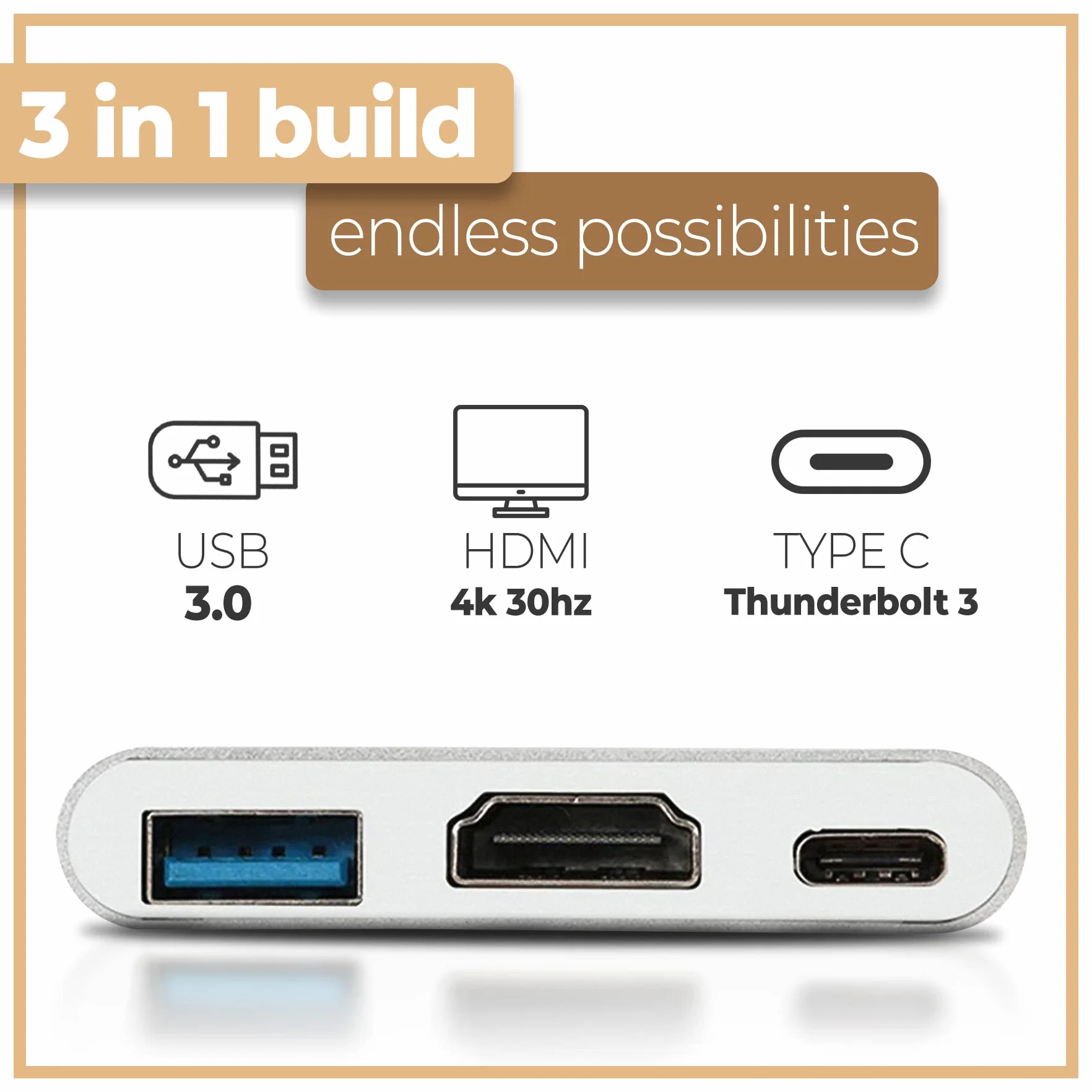 Retoo Adapter USB-C na HDMI 3 w 1, kabel 4K 60 Hz 1080p z audio, uniwersalny, aluminium, USB typu C na HDMI USB 3.1 USB-C do komputera, laptopa, Samsung S Note, OTG, srebrny