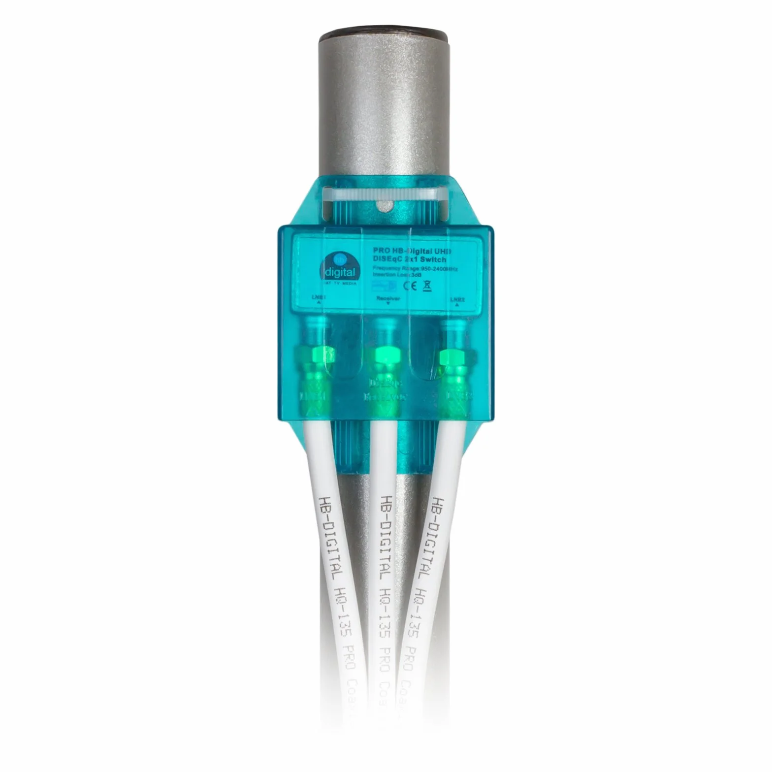 1 x PRO DiseqC przełącznik Switch 2/1 z obudową chroniącą przed warunkami atmosferycznymi HB-DIGITAL 2X SAT LNB 1 x odbiornik/odbiornik do Full HDTV 3D 4K UHD + 3 x pozłacane wtyczki F pozłacane