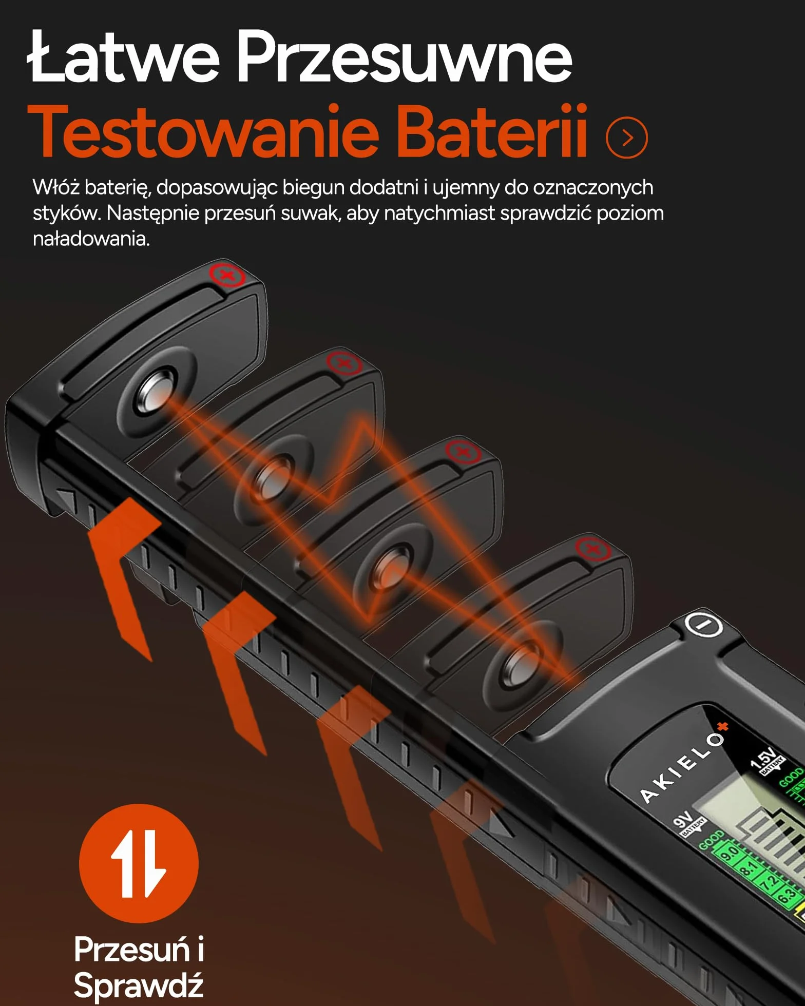 AKIELO+ Cyfrowy Tester Baterii – Łatwy do odczytu wyświetlacz LCD – Nie wymaga baterii – Uniwersalny domowy tester baterii do AA AAA C D 9V 1,5V Bateria guzikowa