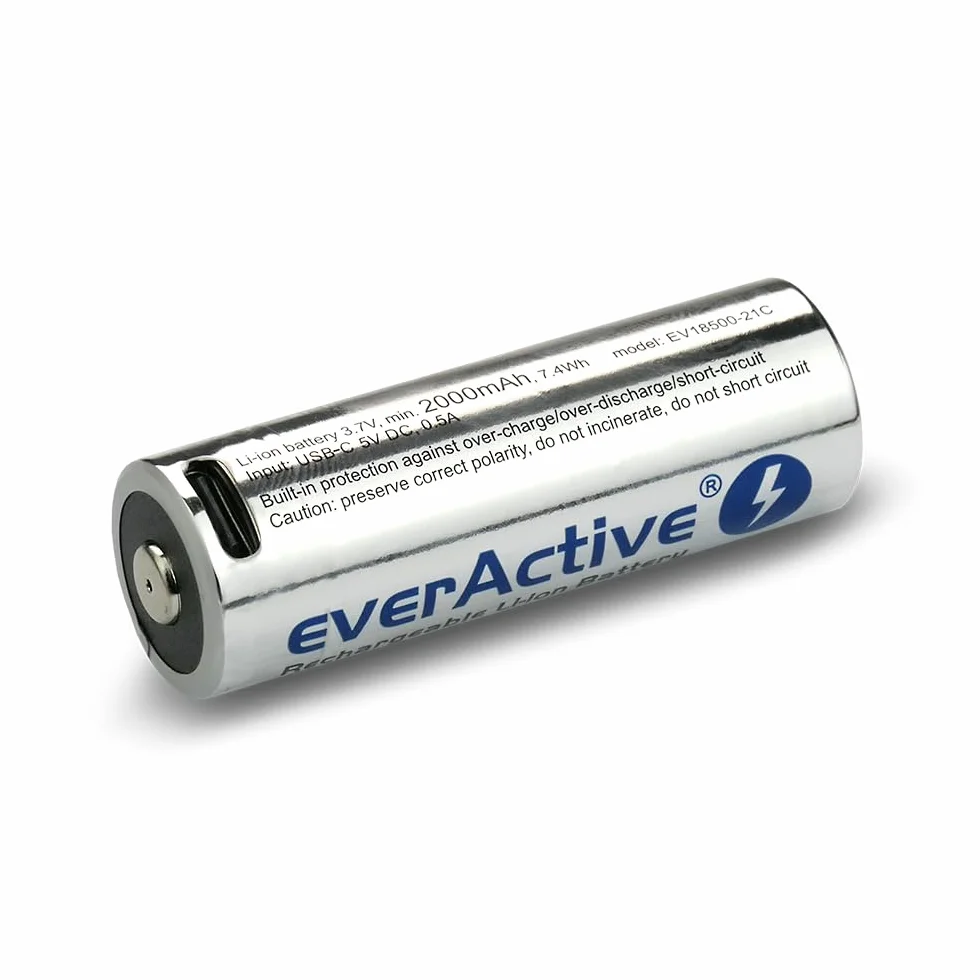 everActive Akumulator everActive 18500 3,7 V Li-ion 2100 mAh z USB-C, z obwodem ochronnym PCM, wstępnie naładowany - do maks. 30%, 1 sztuka - EV18500-21M