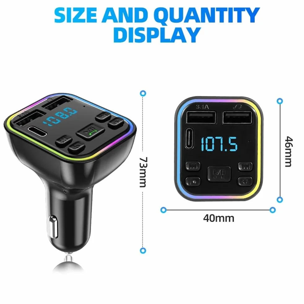 Bluetooth 5.0 nadajnik FM, ładowarka samochodowa, podwójne złącze USB, adapter samochodowy, odtwarzacz MP3, odbiornik audio, wyświetlacz LED, włącznik światła