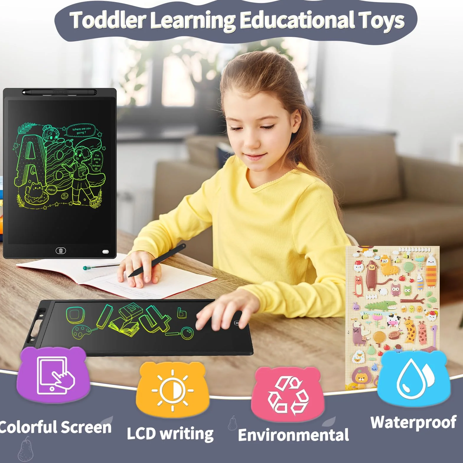 Genialba Tablet LCD do Pisania 12 Cali Kolorowy Tablet Elektroniczny Ekran do Rysowania Zabawka Edukacyjna Prezent dla 2 3 4 5 lat Chłopcy Dziewczęta Boże Narodzenie Urodziny (Czarny)