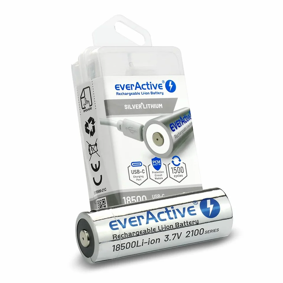 everActive Akumulator everActive 18500 3,7 V Li-ion 2100 mAh z USB-C, z obwodem ochronnym PCM, wstępnie naładowany - do maks. 30%, 1 sztuka - EV18500-21M