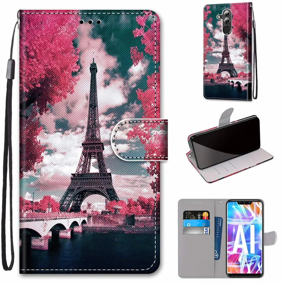 Etui do Huawei Mate 20 Lite, Etui ze skóry PU Magnes Portfel Kolorowy Design Etui z klapką Portfel [Kreatywnie malowane] Etui do Huawei Mate 20 Lite (Wieża Eiffla)