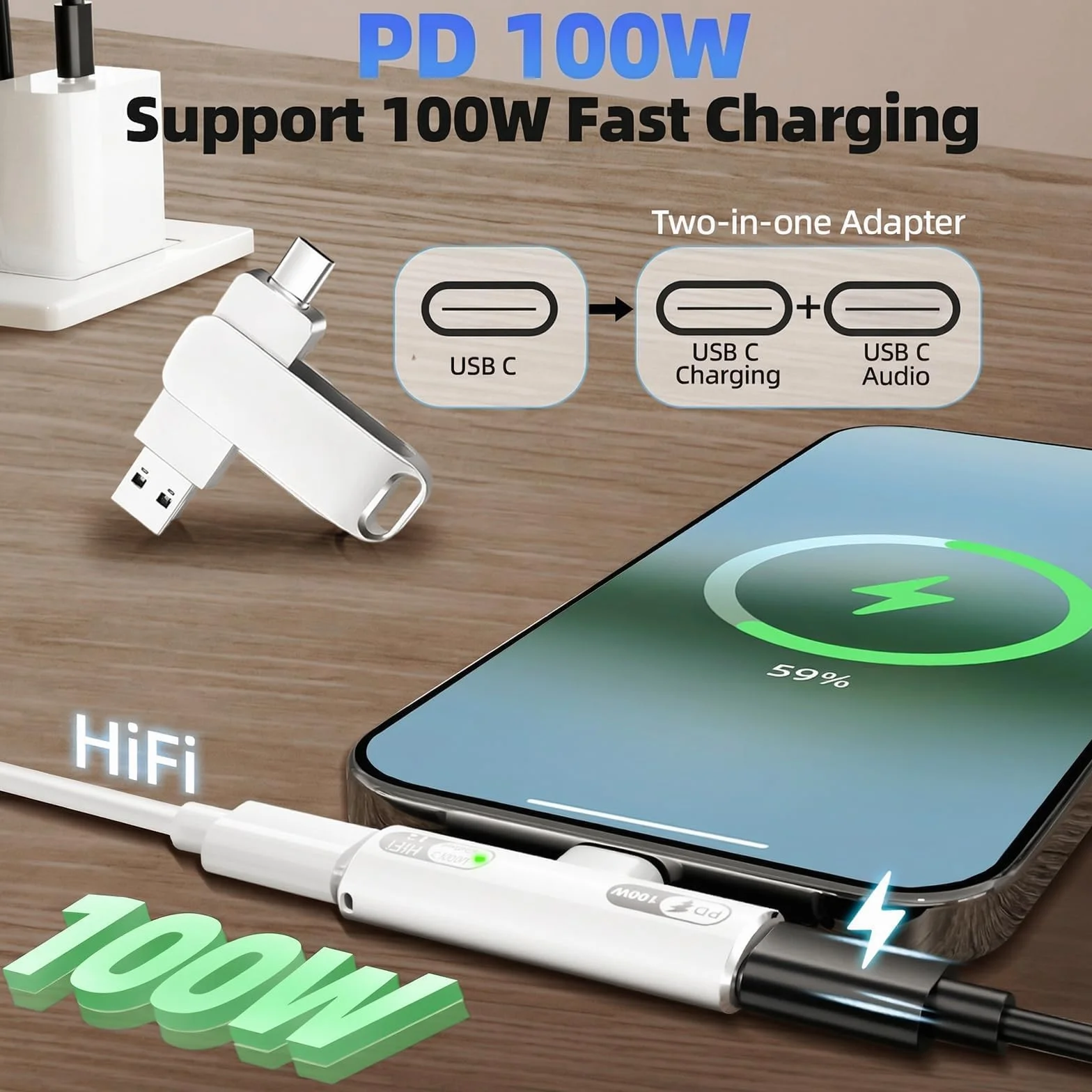 USB-C Ładowarka słuchawkowa Adapter – 2 w 1 adapter audio & szybkie ładowanie 100 W dla urządzeń z portem typu C takich jak laptopy tablety i smartfony – Biały