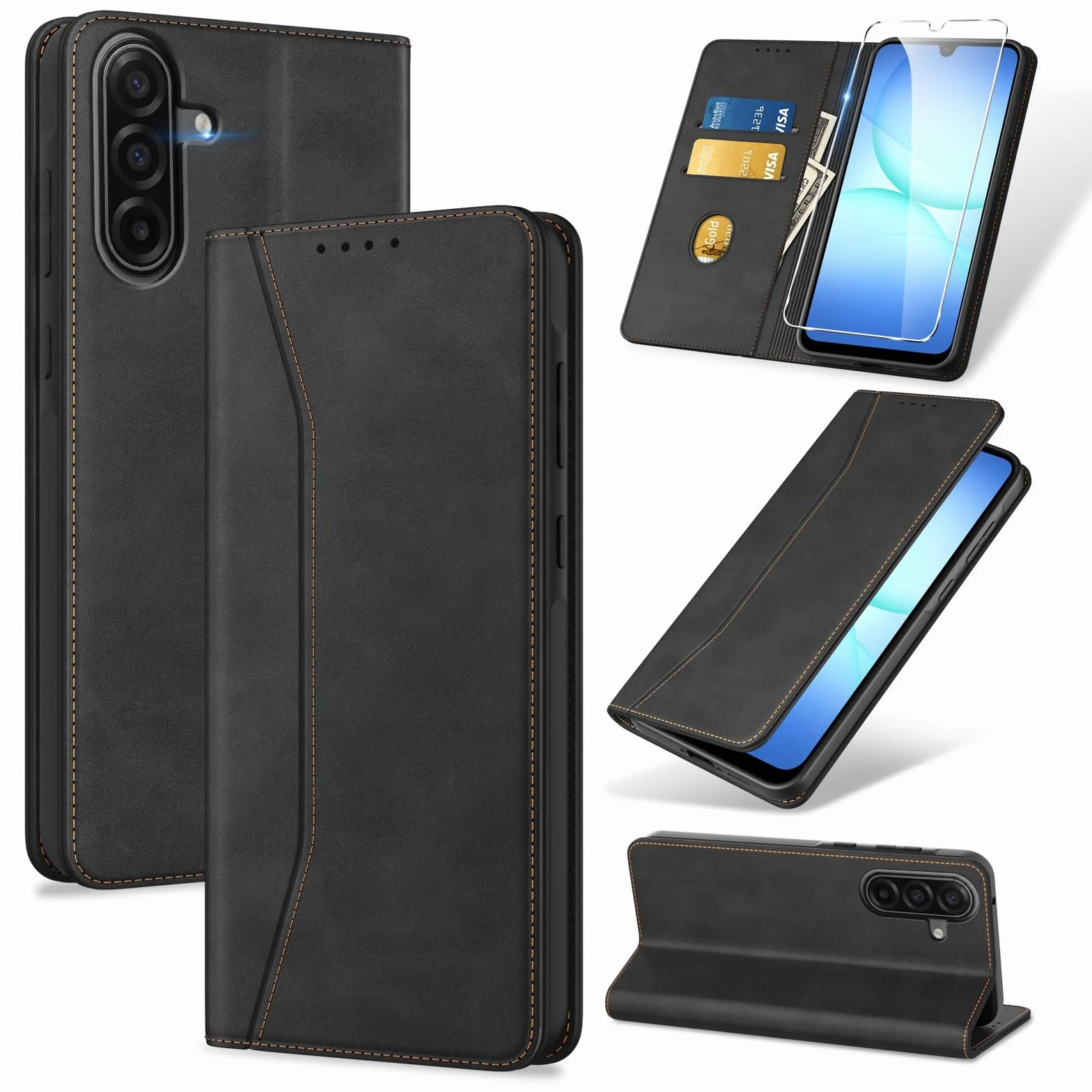 Phoona Etui do Samsung Galaxy A17 5G z 1 szkłem hartowanym, etui premium ze skóry PU, blokada RFID, odporność na wstrząsy, magnetyczne, otwory na karty, ze wspornikiem, czarne etui z klapką