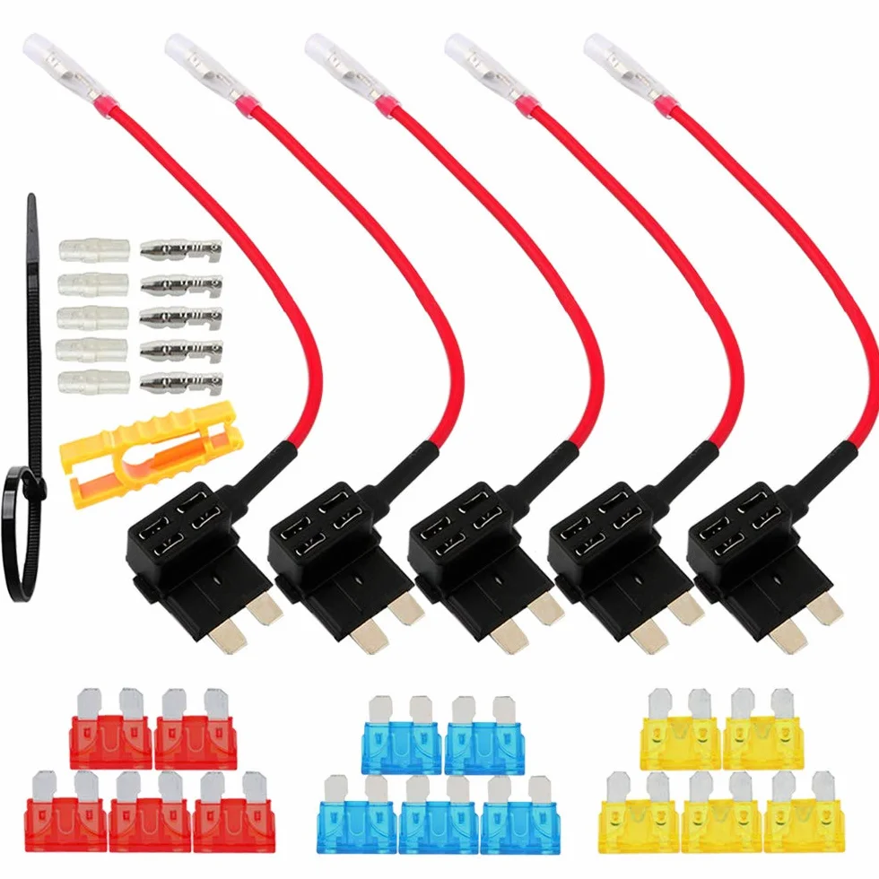 FULARR® 5 szt. Premium ACU Średni uchwyt bezpiecznika, adapter do bezpieczników typu Blade Style, z bezpłatnym standardowym bezpiecznikiem X 15 szt., 1 szt., zaciski kablowe x 5 szt. - 12V / 24 V