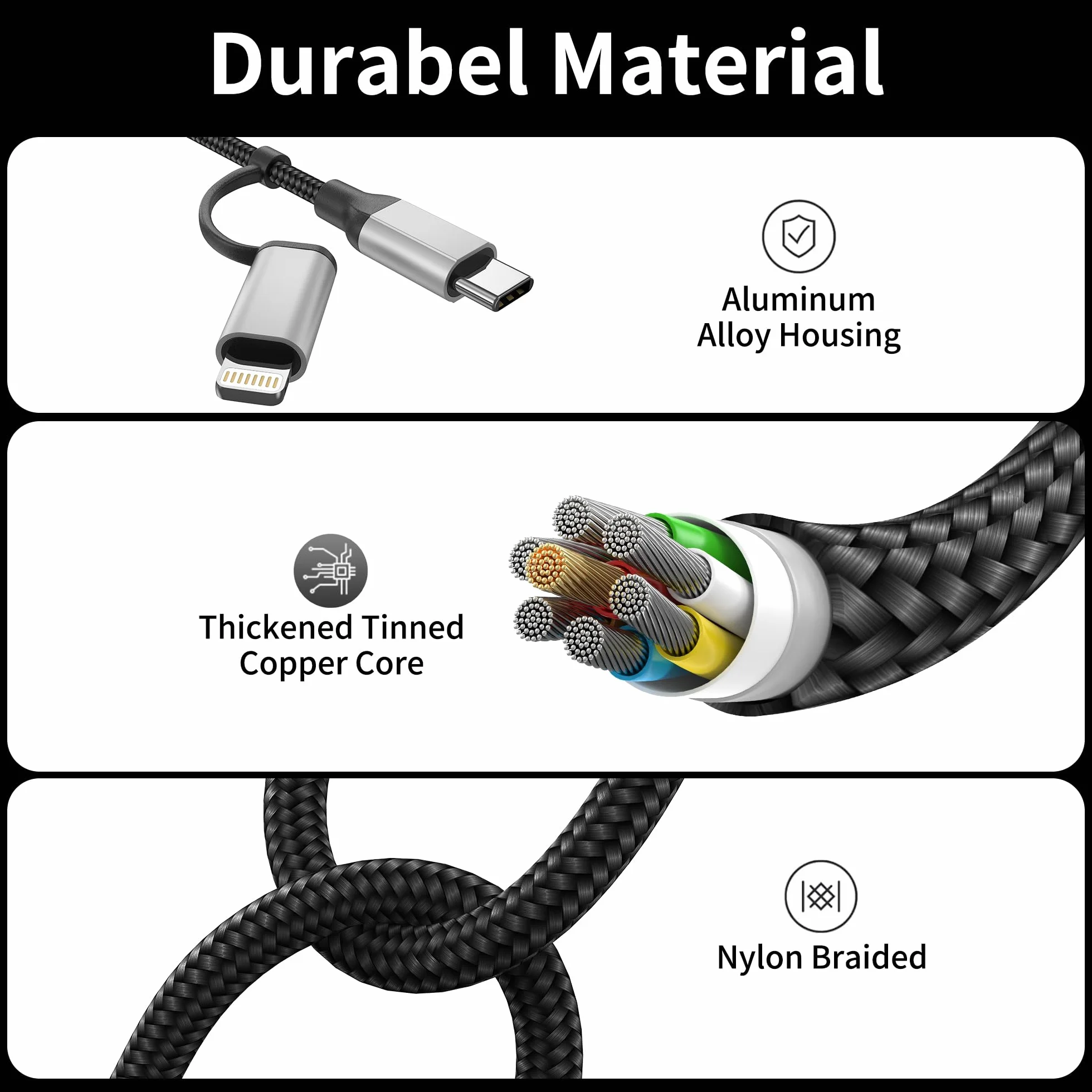 Kabel USB C 1,5 m, 2 w 1, kabel do szybkiego ładowania, USB A na USB typu C i kabel Lightning do ładowania iPhone'a, Samsung, Huawei, Xiaomi, OnePlus, Google, czarno-szary