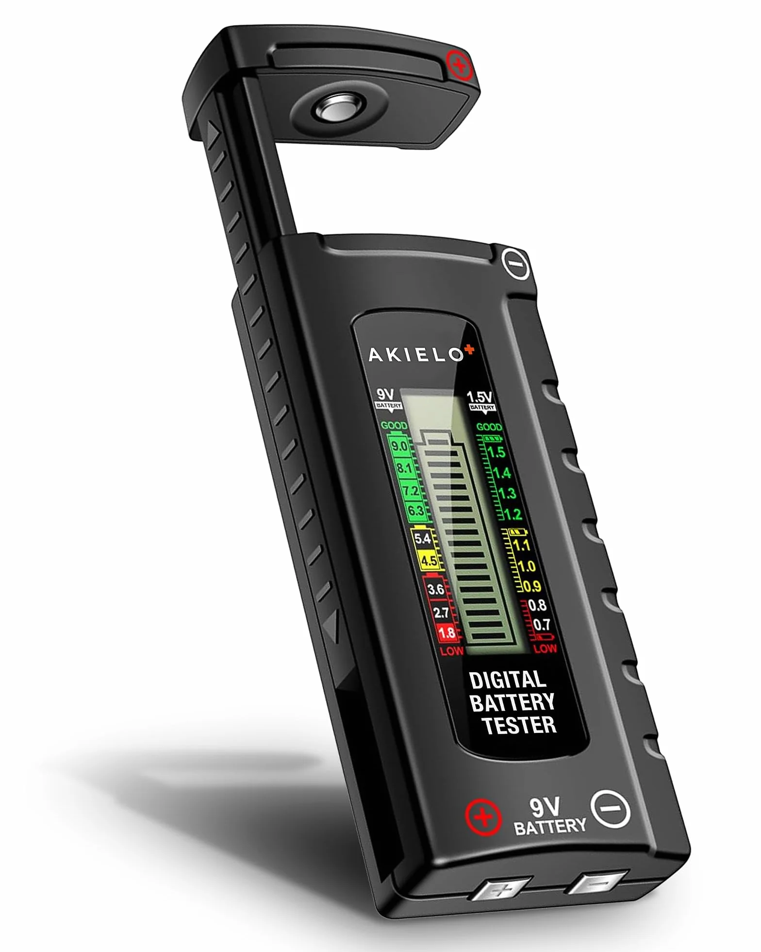 AKIELO+ Cyfrowy Tester Baterii – Łatwy do odczytu wyświetlacz LCD – Nie wymaga baterii – Uniwersalny domowy tester baterii do AA AAA C D 9V 1,5V Bateria guzikowa