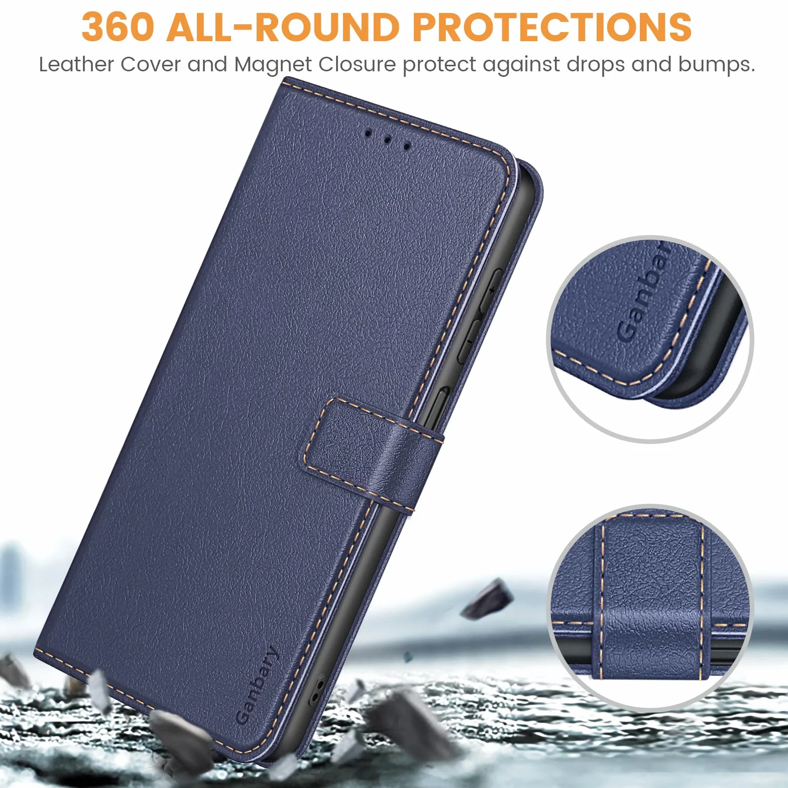 Ganbary etui do Samsung Galaxy A26 5G, wysokiej jakości z klapką ze skóry PU [pełna ochrona] [przegródki na karty] [podpórka], granatowe