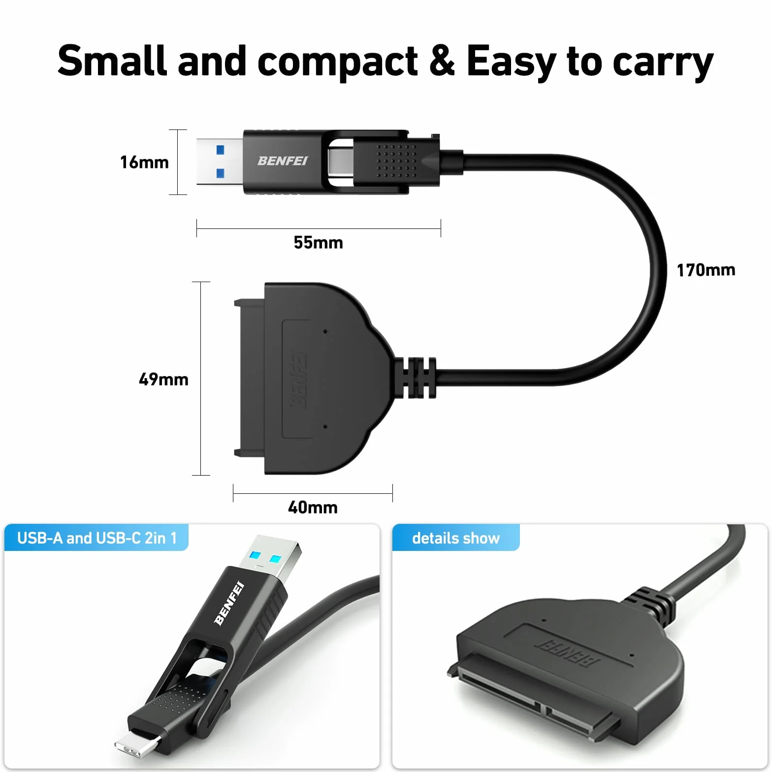 Kabel BENFEI SATA na USB, adapter sterownika twardego 2 w 1 USB-C/USB 3.0 na SATA III, kompatybilny z 2,5-calowym dyskiem twardym i dyskiem SSD