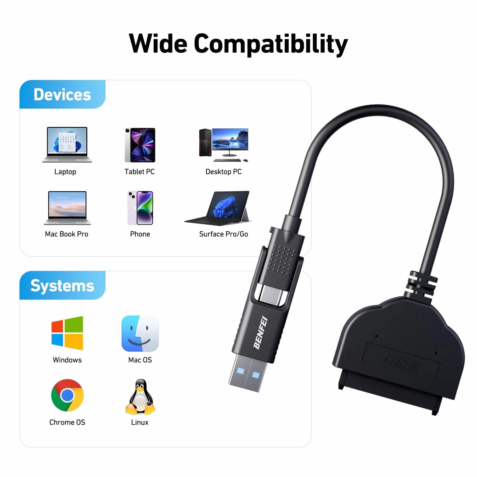 Kabel BENFEI SATA na USB, adapter sterownika twardego 2 w 1 USB-C/USB 3.0 na SATA III, kompatybilny z 2,5-calowym dyskiem twardym i dyskiem SSD
