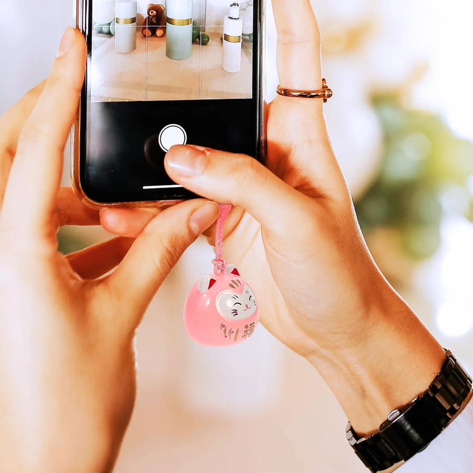 2 Szt. Zawieszek Dzwonków Maneki Neko Kształcie Kota Szczęścia Brelok DIY z Trwałego Materiału Dekoracja Telefon i Torbę Różowy i Czarny Odporny Uszkodzenia