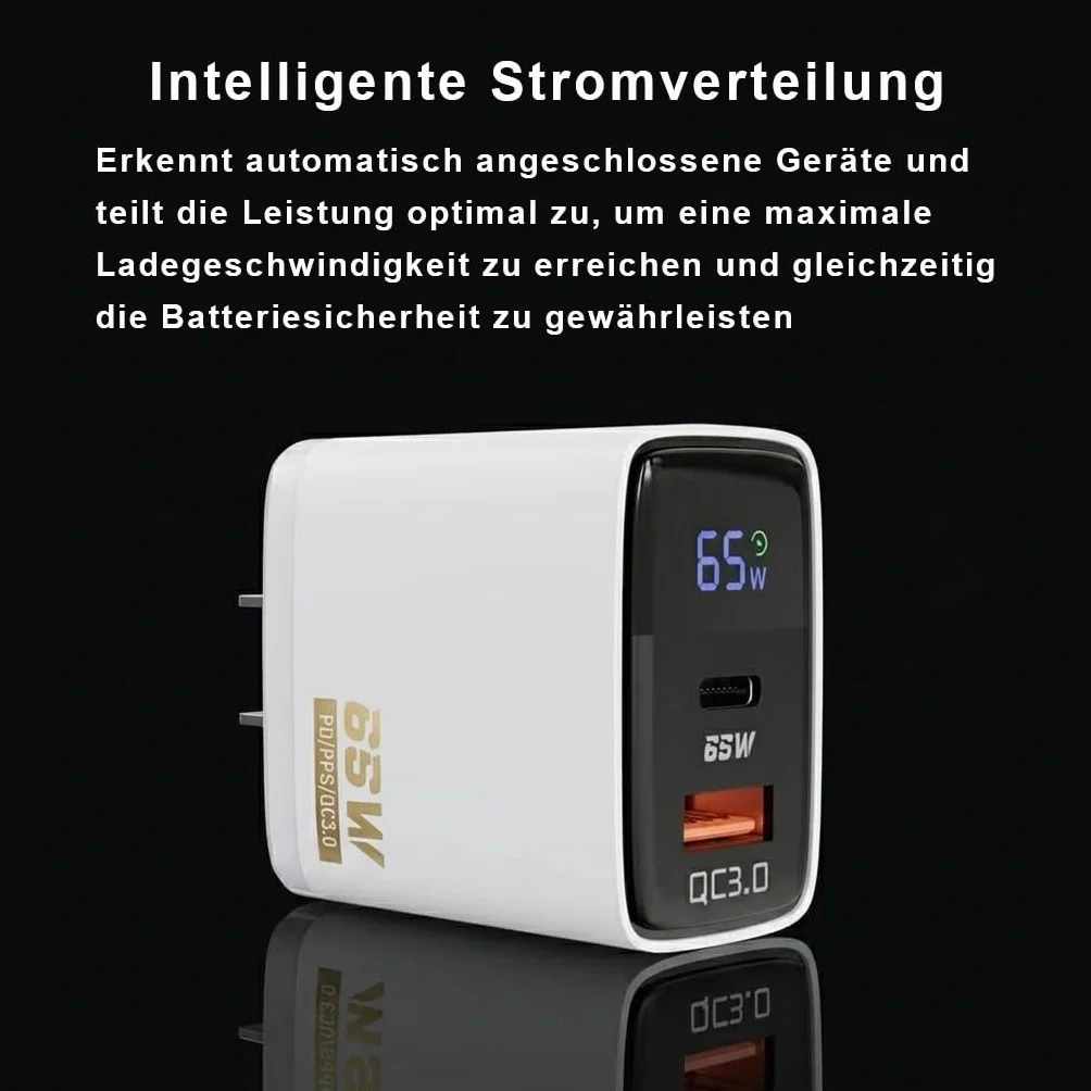 ładowarka USB C 65 W, 2-portowe ładowarki GaN z wyświetlaczem LED, PPS i PD do iPhone 17/16/15, MacBook, iPad, Samsung, telefonów komórkowych i laptopów