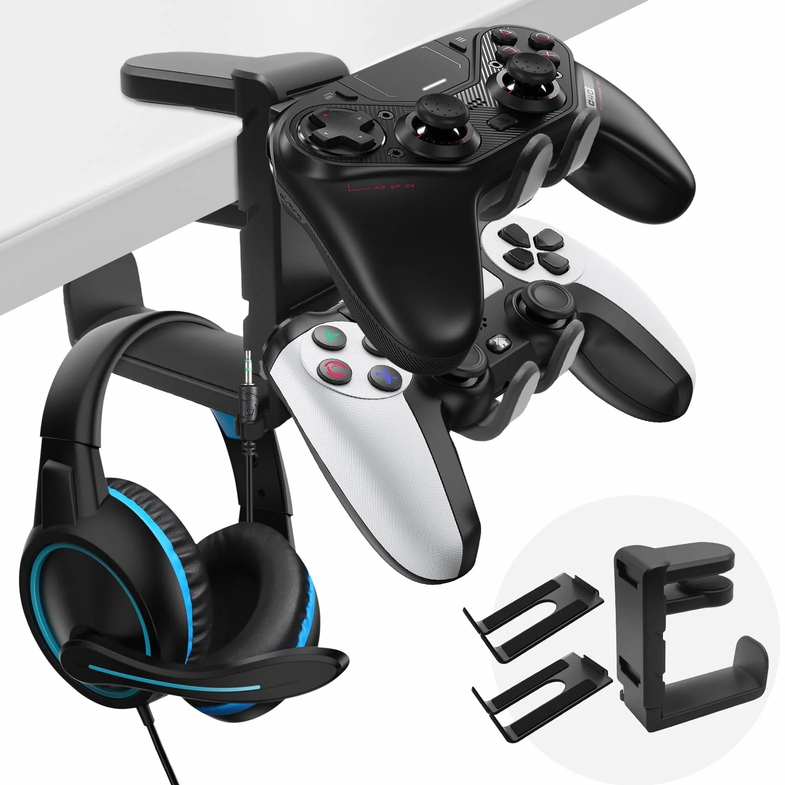 Uchwyt na słuchawki i kontroler 2 w 1 – uchwyt na słuchawki pod stolik z zaciskiem, obracany o 360°, z klipsem na kabel, podwójna półka na PS5 / Xbox / Switch/PC Gaming, antypoślizgowy, czarny