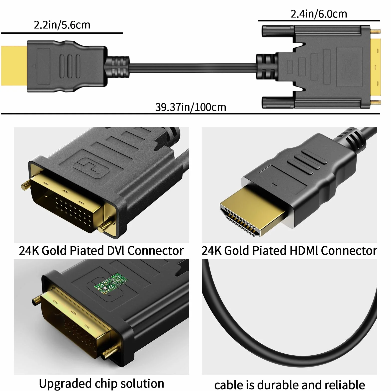 Kabel adaptera HDMI DVI, DVI-D 24 + 1 wtyczka na wtyk HDMI, konwerter HD 24+1, dwukierunkowy obsługuje projektor, laptop, telewizor, PC, odtwarzacz DVD (1 m)