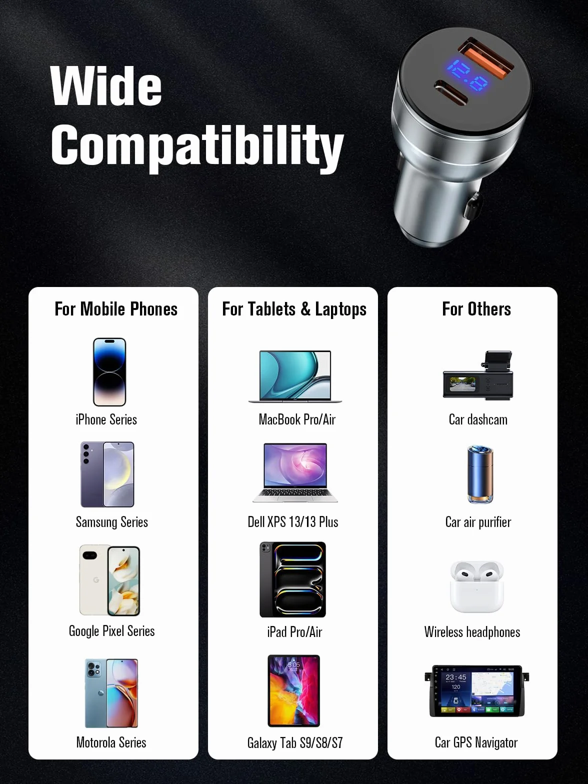 Ładowarka samochodowa, ładowarka USB do zapalniczki samochodowej 95 W, USB-C 65 W + USB-A 30 W, do gniazda USB 12 V/24 V, szybkie ładowanie PD3.0 adapter wtyczki samochodowej USB do iPhone'a 17