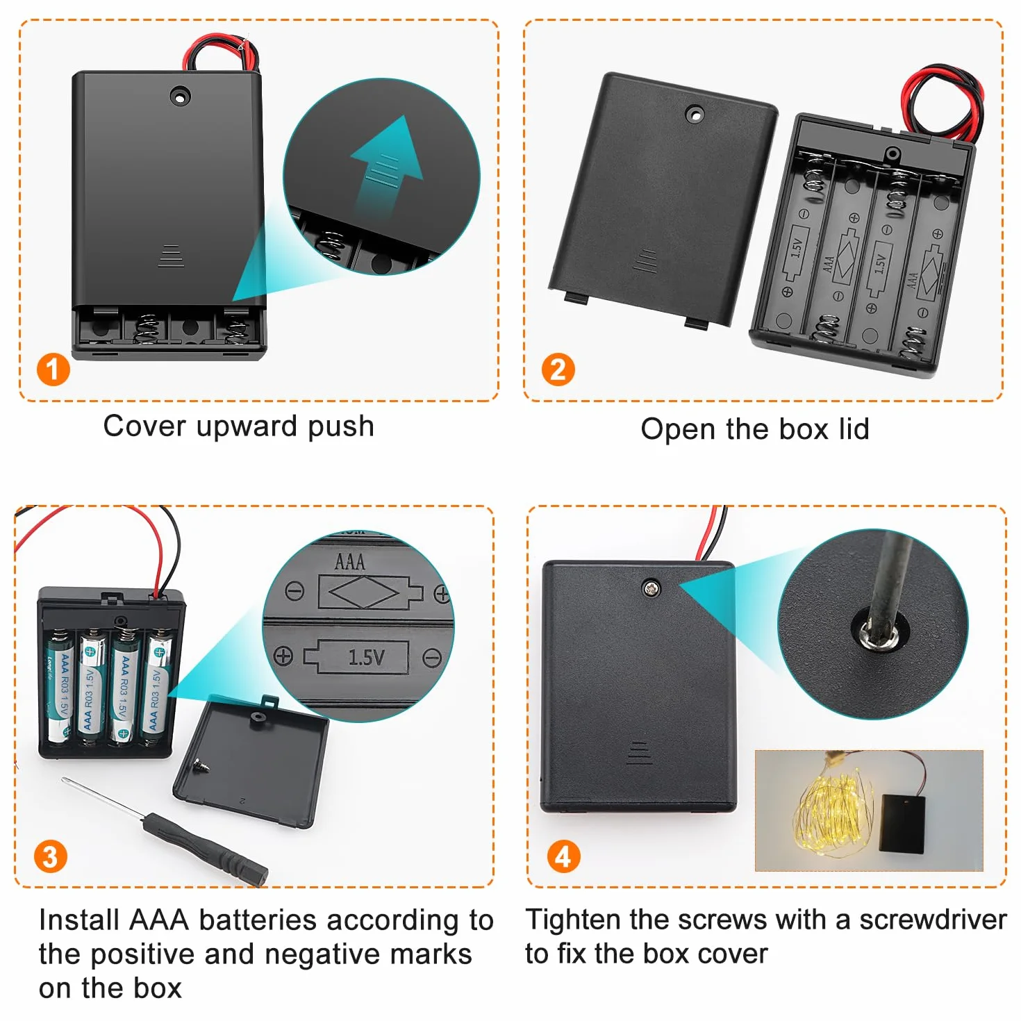 5 Sztuk 4 AAA Uchwyty na Baterie, KUOQIY 4 x 1.5V AAA Battery Storage Box z Wire i Przełącznikiem ON/OFF i Pokrywą, z Plastikowym Pojemnikiem na Baterie i Śrubokrętami i Śrubami