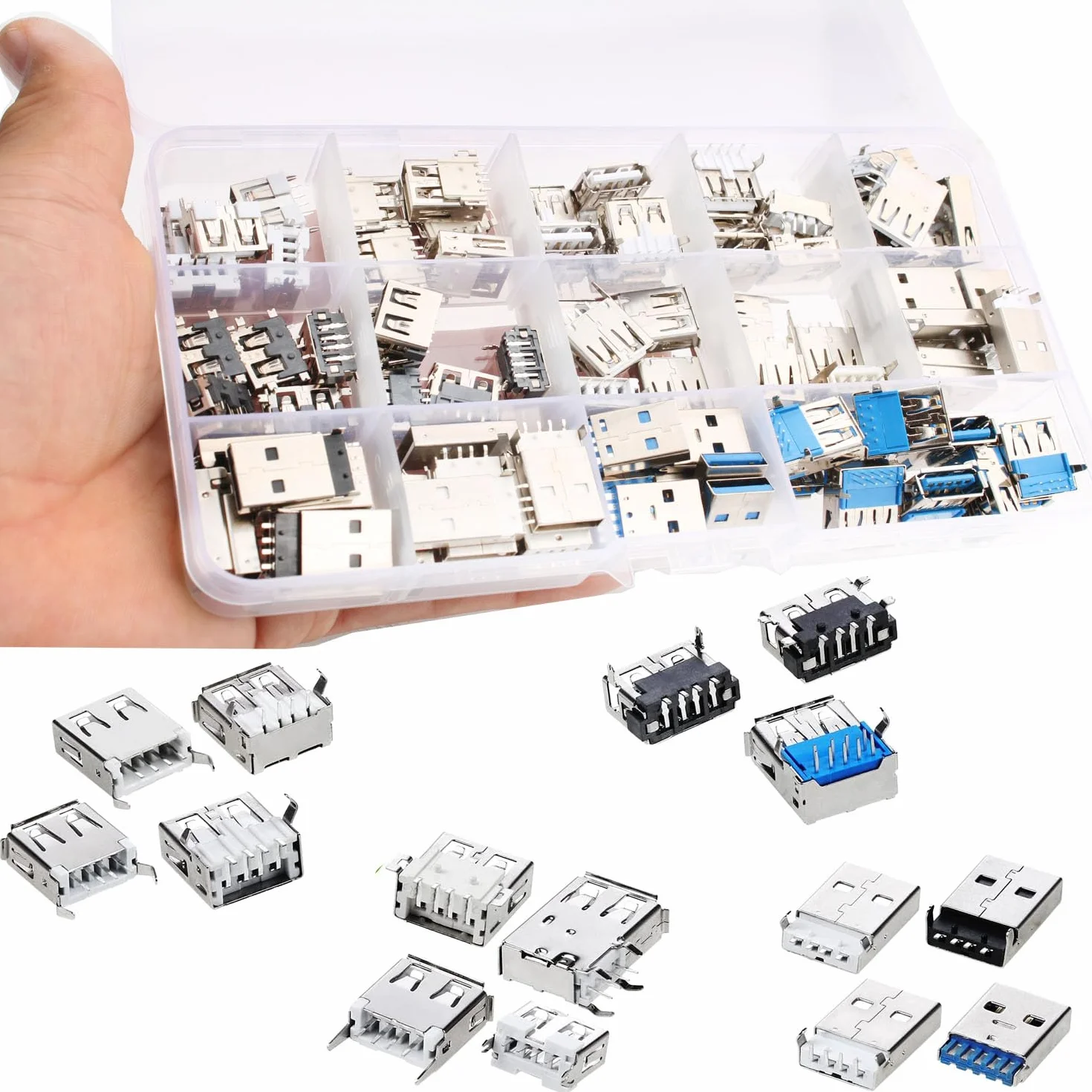 RUNCCI-YUN 95szt. 14 wartości USB 2.0 3.0 Typ A Micro USB złącze do lutowania, złącze Micro USB 2.0 3.0 Typ A złącze lutowe męsko-żeńskie, adapter USB do wbudowanego gniazda płytki drukowanej DIY