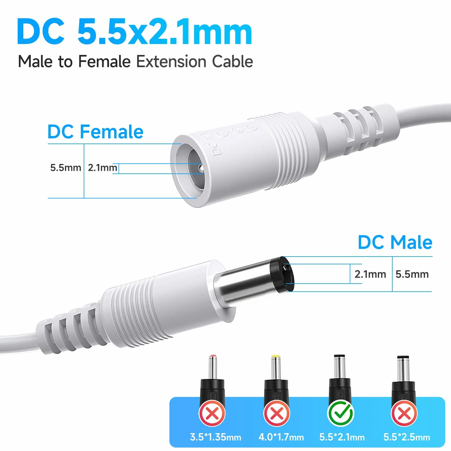2 sztuki 6-metrowego przedłużacza zasilającego DC, najwyższej jakości, z czystej miedzi, przedłużacz zasilający DC 12 V, 5,5 mm x 2,1 mm do kamer CCTV/routerów/pasków LED i innych urządzeń - biały