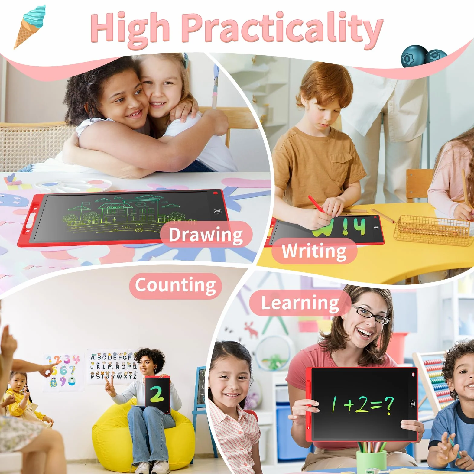 Genialba Tablet LCD do Pisania 12 Cali Kolorowy Tablet Elektroniczny Ekran do Rysowania Zabawka Edukacyjna Prezent dla 2 3 4 5 lat Chłopcy Dziewczęta Boże Narodzenie Urodziny (Czerwony)