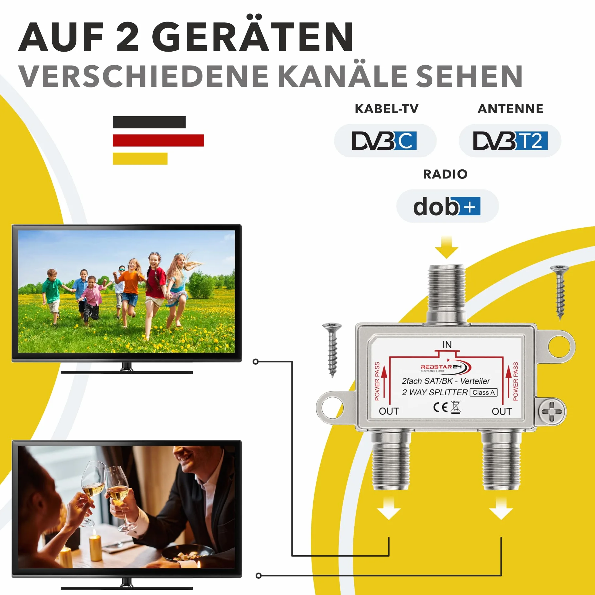 Redstar24 Podwójny rozdzielacz satelitarny SAT BK – wysokiej jakości rozdzielacz satelitarny do telewizji i radia, HDTV/UHD 4K, DVB-S/S2, DVB-T/T2, DVB-C/C2, wytrzymała obudowa, rozdzielacz SAT, 2