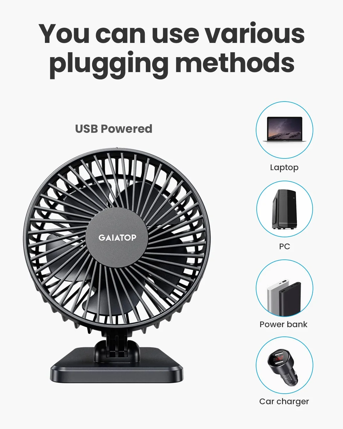 gaiatop Wentylator biurkowy USB, mały, ale wydajny, przenośny, cichy, 3 prędkości, wiatr, osobisty wentylator, regulowany mini wentylator stołowy dla lepszego chłodzenia, dom, biuro, samochód,